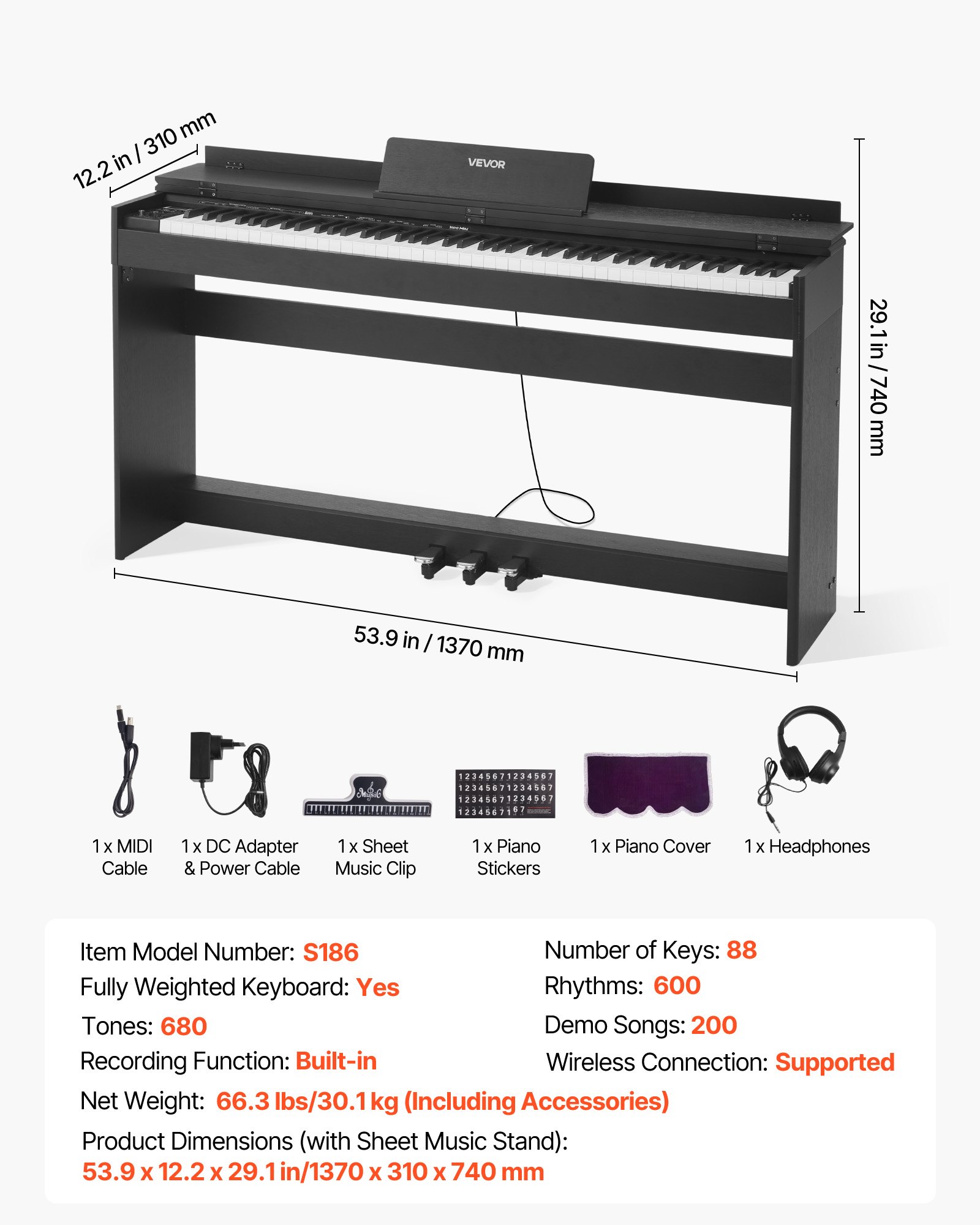 VEVOR Digitale Piano, 88 Toetsen Volledig Gewogen, Aanslaggevoelige Elektrische Piano met Meubelstandaard, Voeding, Drievoudig Pedaal, 680 Toetsen, Ondersteunt Draadloze Verbinding, Met Hoofdtelefoon, Voor Beginners
