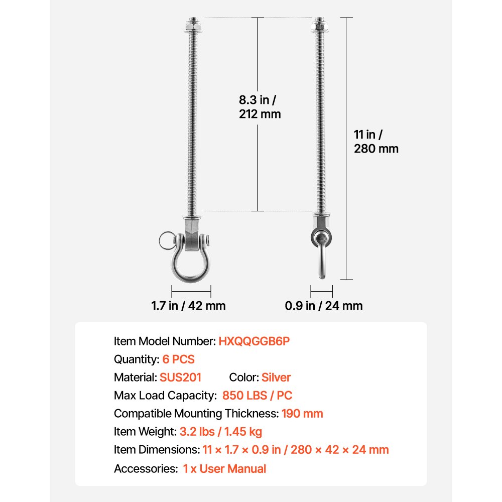 VEVOR 6 stuks plafondhaken met lager, 360° draaibare haken van roestvrij staal met bout, draagvermogen 386 kg, schommelbevestiging voor montage tot 190 mm dikte, ophanghaken voor schommels, hangstoelen, bokszakken, zilver