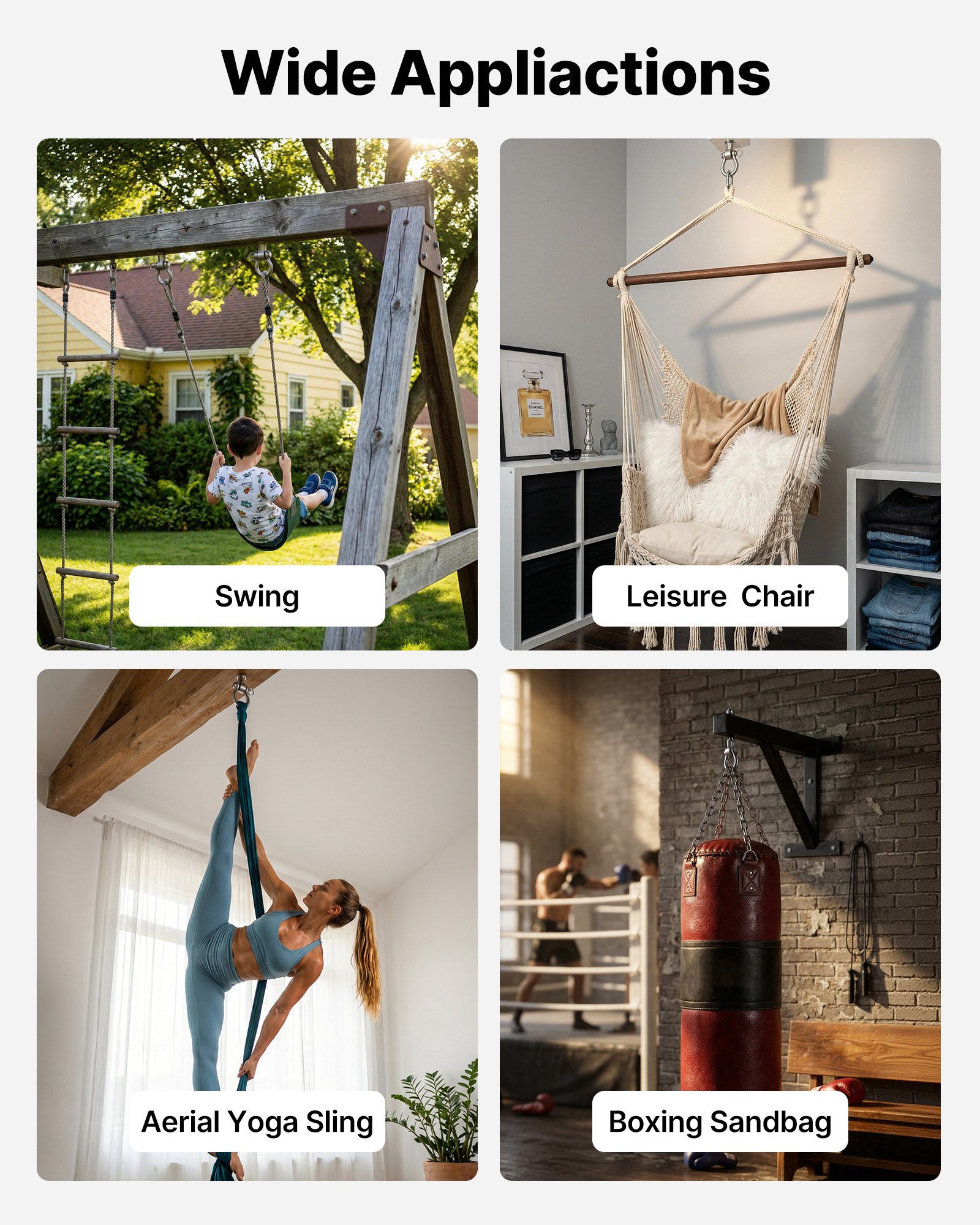 VEVOR 6 stuks plafondhaken met lager, 360° draaibare haken van roestvrij staal met bout, draagvermogen 386 kg, schommelbevestiging voor een montagedikte van 190 mm, ophanghaken voor schommels, hangstoelen, bokszakken, zilver