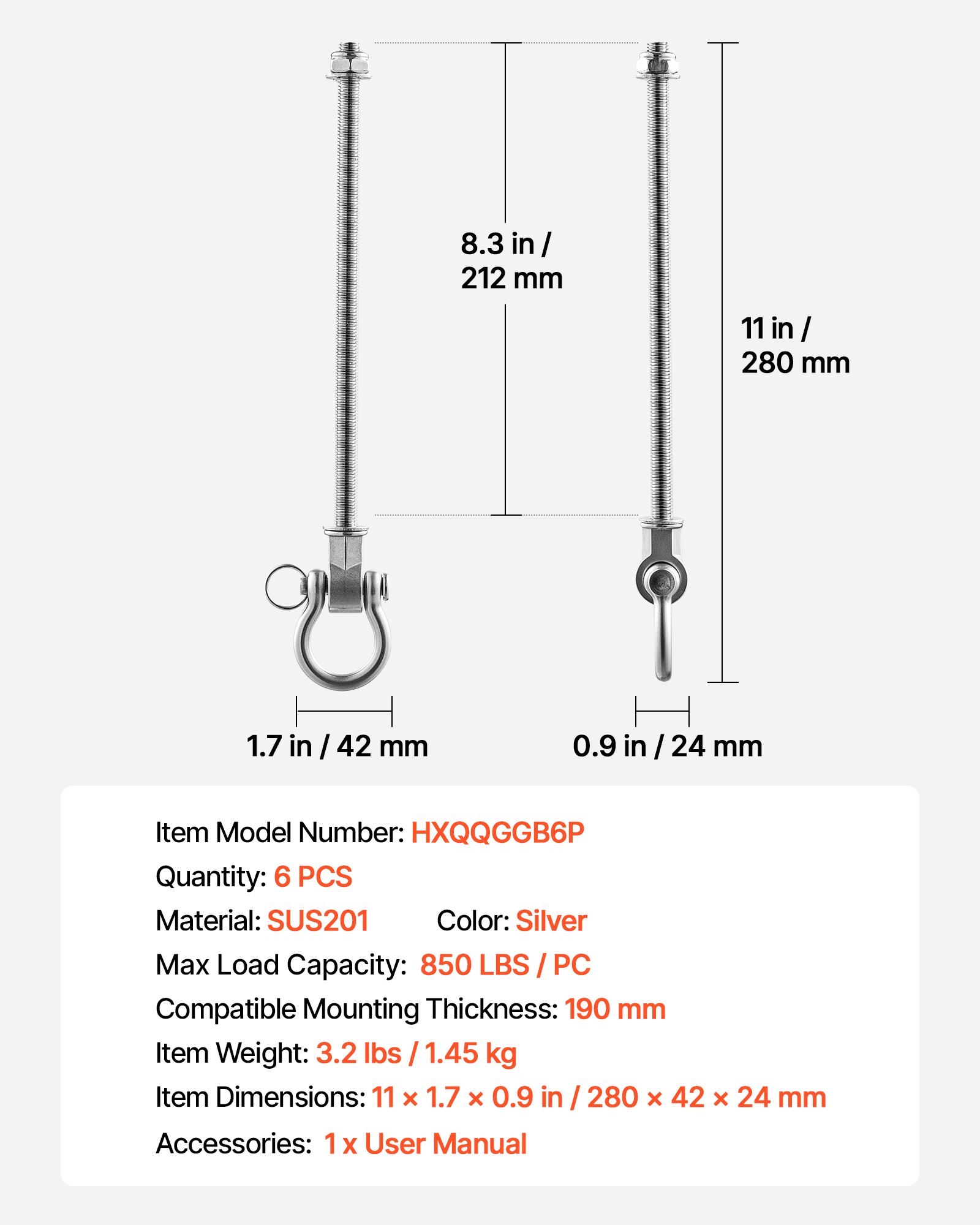 VEVOR 6 stuks plafondhaken met lager, 360° draaibare haken van roestvrij staal met bout, draagvermogen 386 kg, schommelbevestiging voor montage tot 190 mm dikte, ophanghaken voor schommels, hangstoelen, bokszakken, zilver