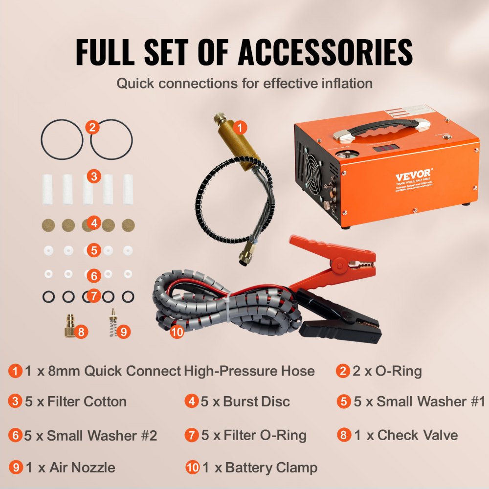 VEVOR PCP-compressor 30 MPa/4500 PSI Luchtcompressor 0,5 L DC12V & AC120V Duikcompressor Luchtpomp inclusief 8 mm hogedrukslang met snelkoppeling Accuklemmen Filterkatoen Luchtgeweer