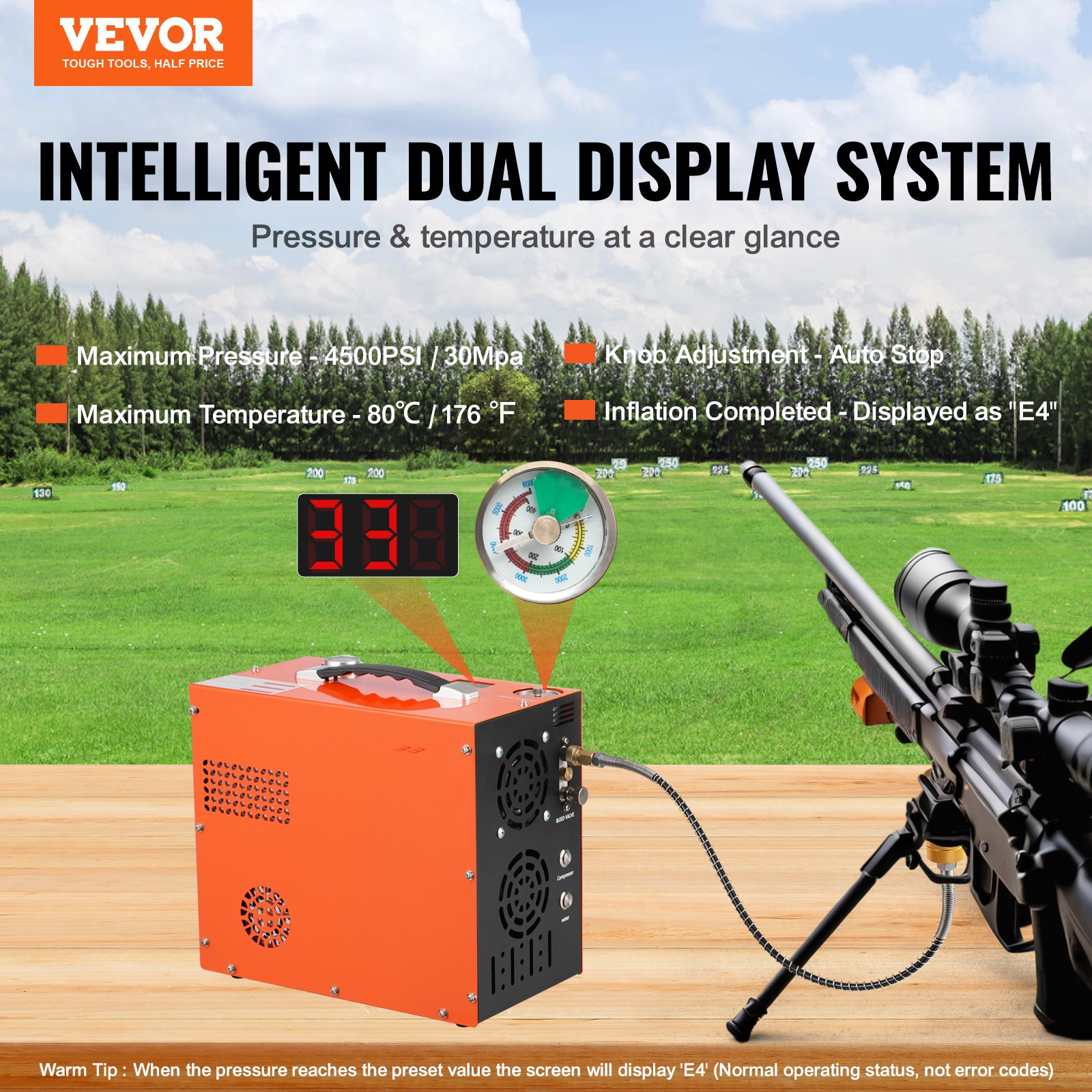 VEVOR PCP-luchtcompressor, 4500 PSI/30 MPa draagbare PCP-luchtbukscompressor - ingebouwd water- en ventilatorkoelsysteem, auto-stop DC12V/AC230V paintball-tankcompressor voor luchtbuks, duikfles