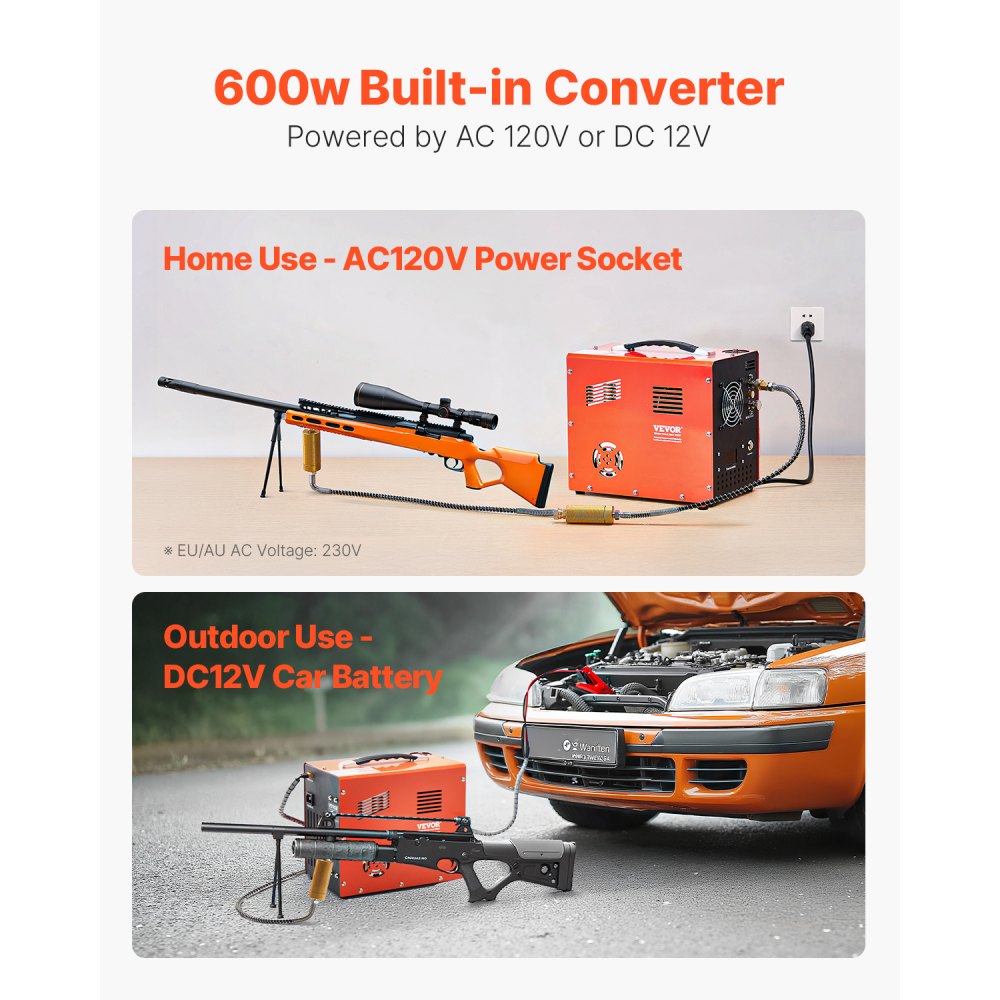 VEVOR PCP-luchtcompressor, 4500 PSI PCP-luchtbukscompressor met ingebouwde omvormer en ventilatorkoelsysteem, DC12V/AC230V-compressorpomp met handmatige stop voor luchtbuks, paintball en duikflessen