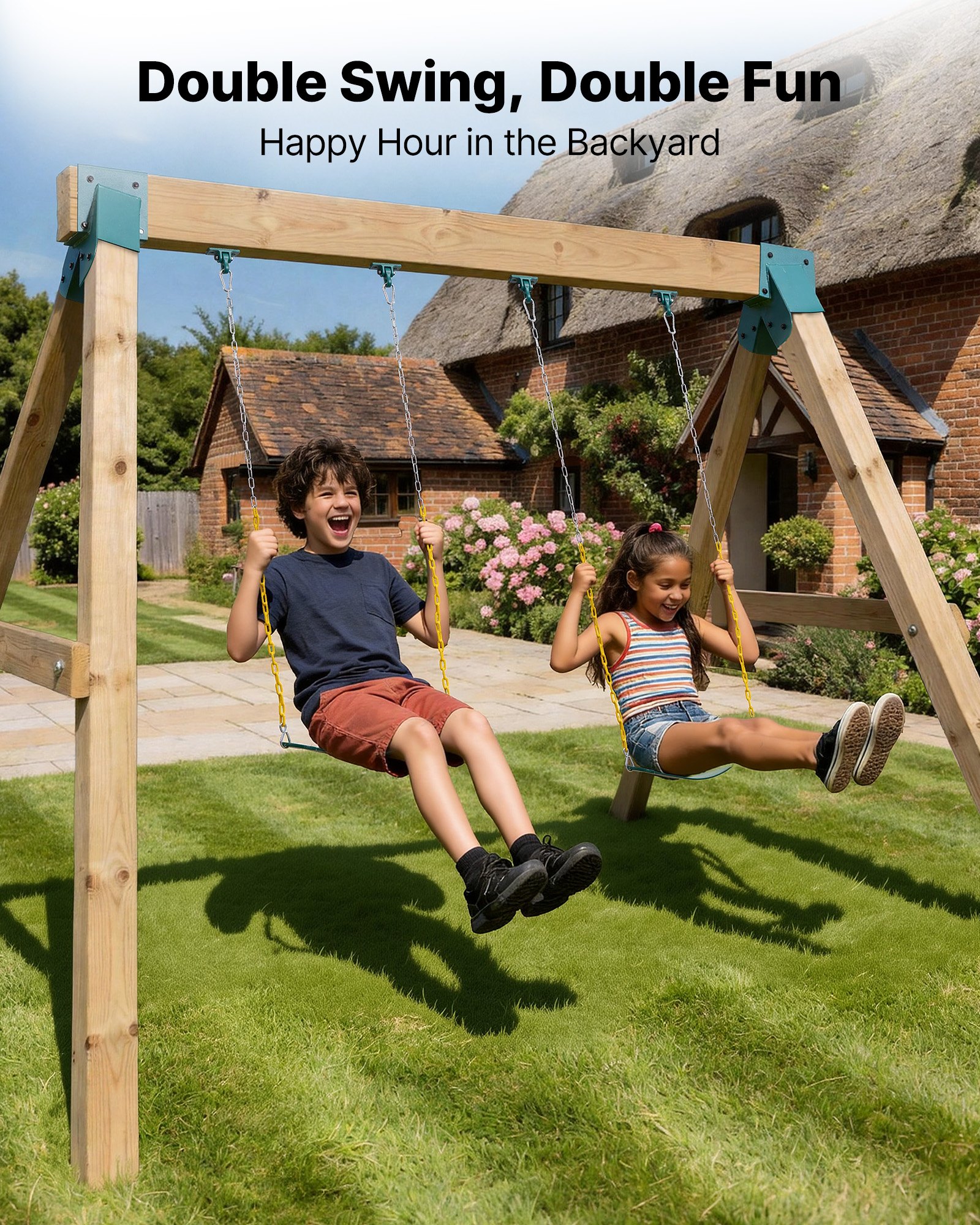 VEVOR 8-delige schommelset, inclusief montageset voor schommels met 2 A-frame verbindingsstukken voor balken van 94x144 mm, poten van 94x94 mm, 4 schommelhaken en 2 schommelzitjes, en montagemateriaal voor buitenschommels.