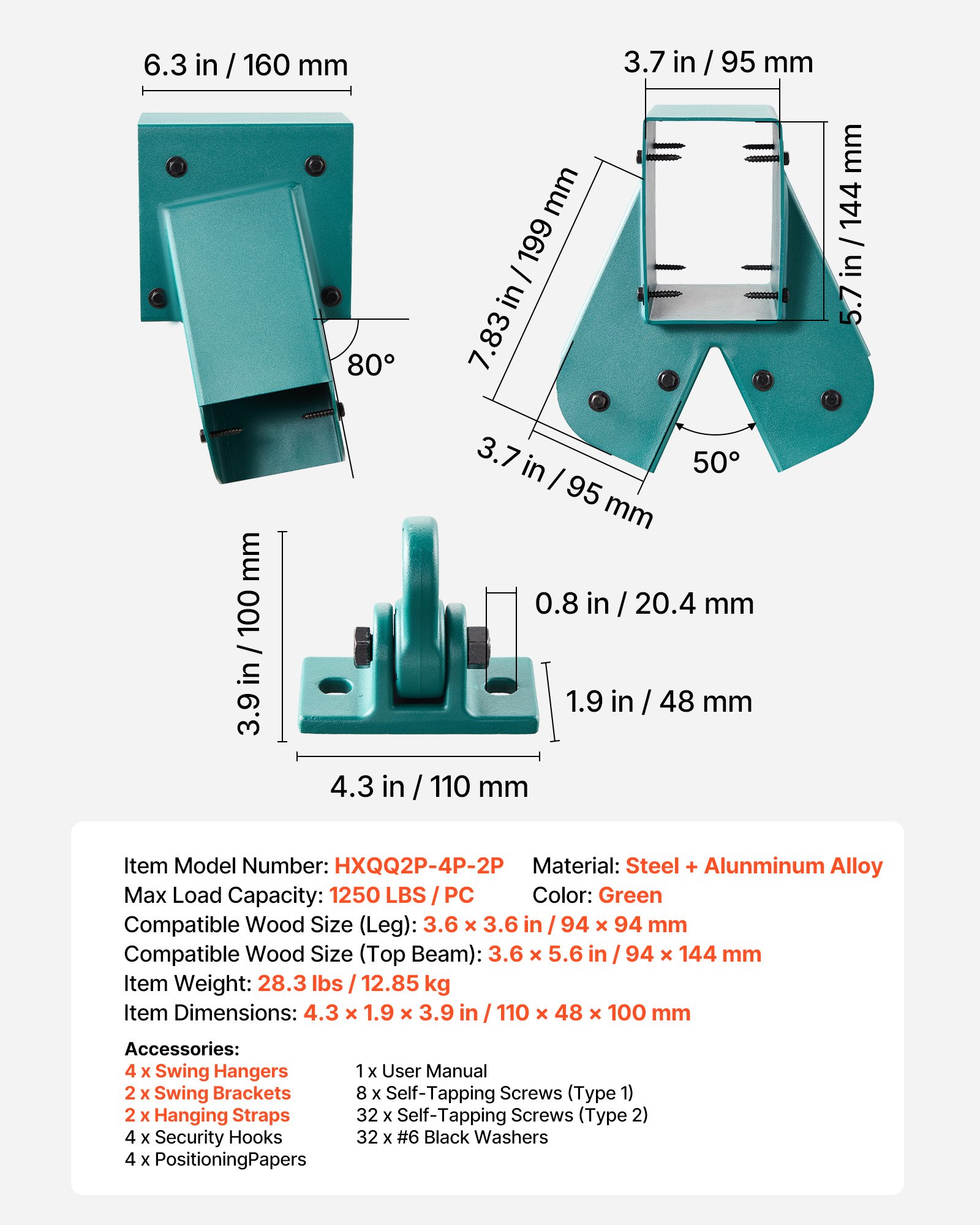 VEVOR 8-delige schommelset, inclusief montageset voor schommels met 2 A-frame verbindingsstukken voor balken van 94x144 mm, poten van 94x94 mm, 4 schommelhaken en 2 schommelzitjes, en montagemateriaal voor buitenschommels.