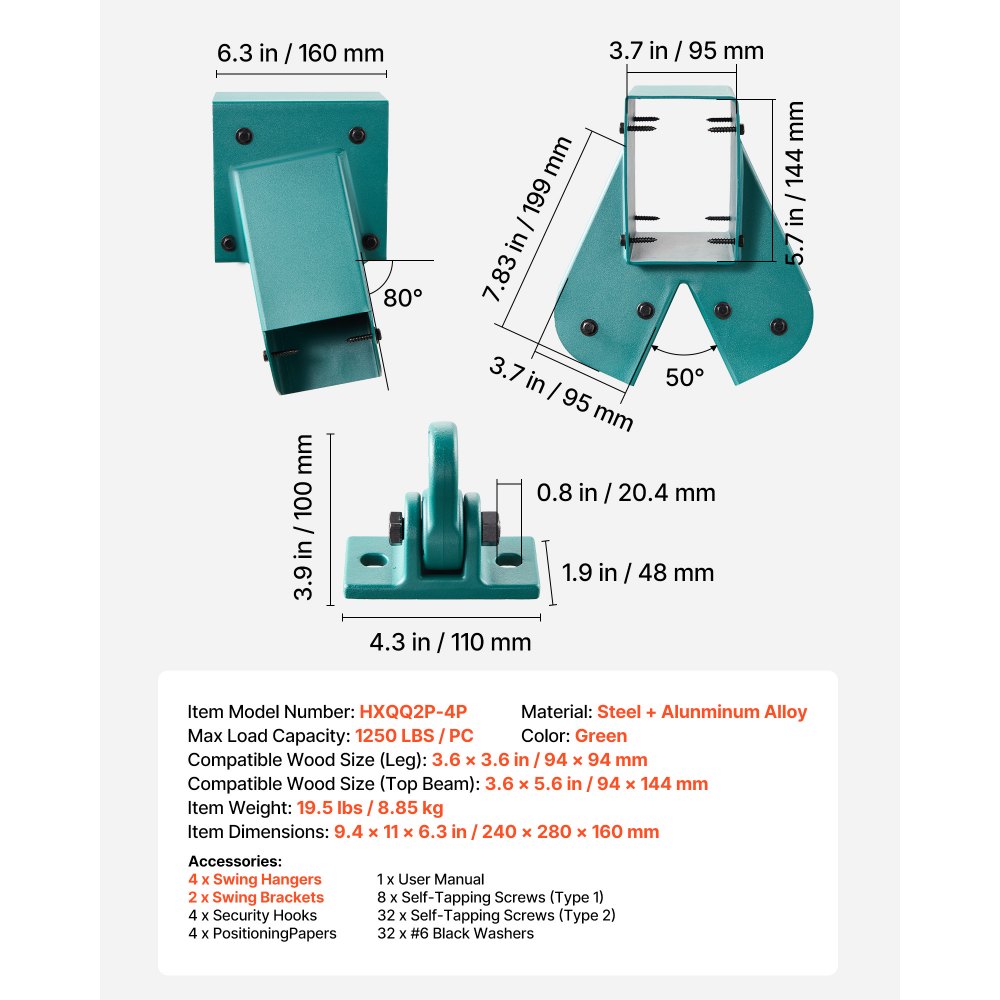 VEVOR 6-delige schommelbeugelset, montageset voor schommels inclusief 2 A-frame verbindingsstukken voor balken van 94x144 mm, poten van 94x94 mm en 4 schommelhaken (draagvermogen 567 kg), montagemateriaal voor buitenschommels, groen