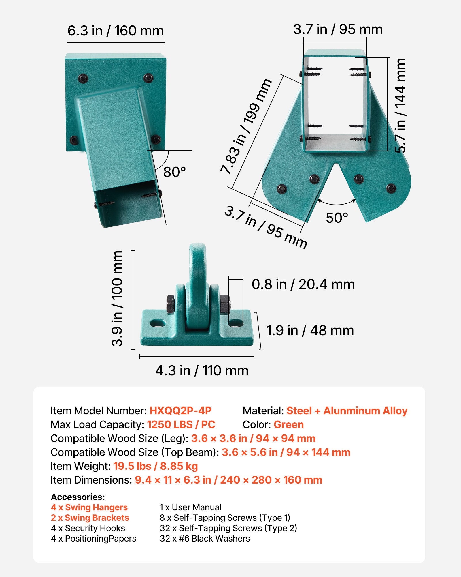 VEVOR 6-delige schommelbeugelset, montageset voor schommels inclusief 2 A-frame verbindingsstukken voor balken van 94x144 mm, poten van 94x94 mm en 4 schommelhaken (draagvermogen 567 kg), montagemateriaal voor buitenschommels, groen