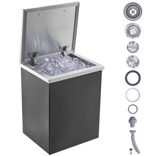 VEVOR Drop-in ijsbox, 28,52 L roestvrijstalen ijskoeler, 355 x 305 x 461 mm commerciële ijscontainer met scharnierend deksel, ingebouwde ijsopslagkist, afvoerpijp en afvoerplug inbegrepen
