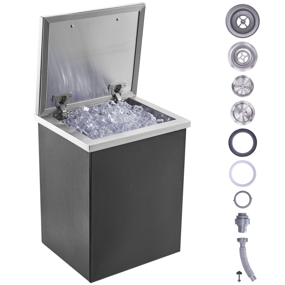 VEVOR ice chest filled with ice cubes, open lid next to various metal and rubber parts arranged vertically.