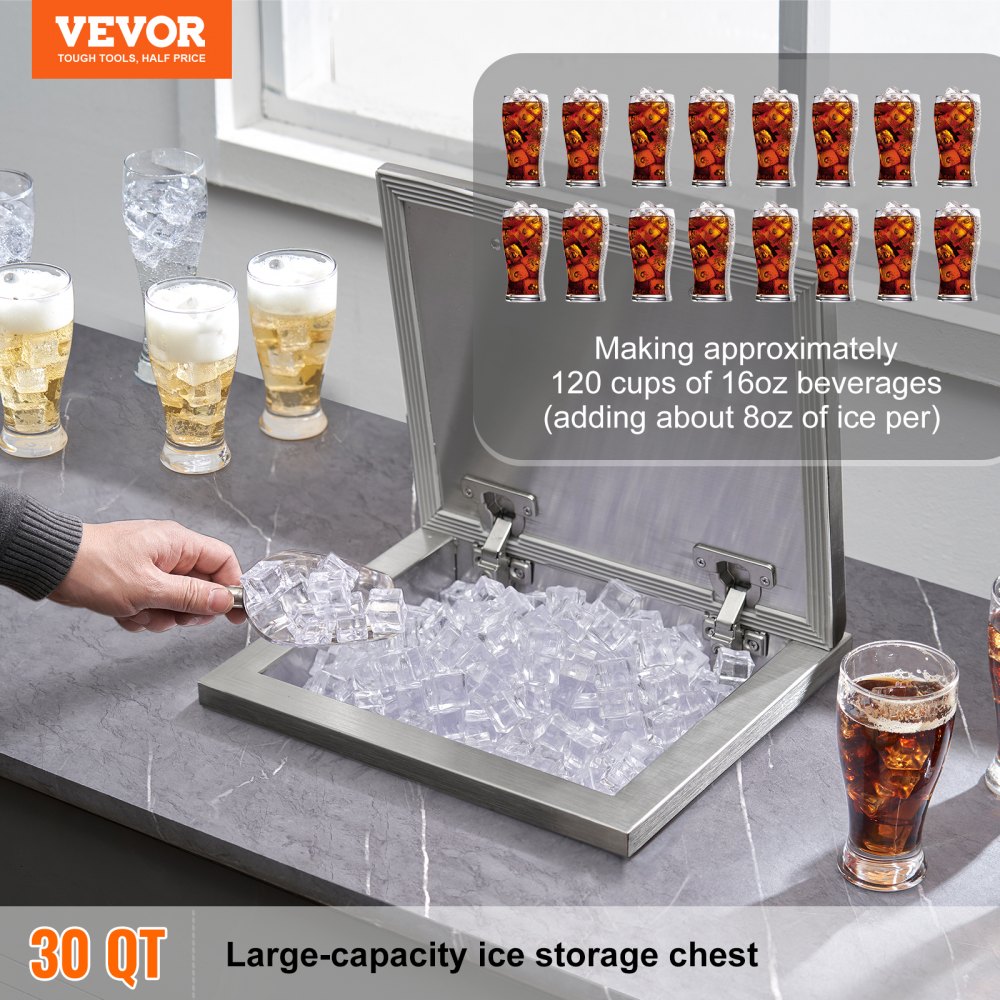 VEVOR Drop-in ijsbox, 28,52 L roestvrijstalen ijskoeler, 355 x 305 x 461 mm commerciële ijscontainer met scharnierend deksel, ingebouwde ijsopslagkist, afvoerpijp en afvoerplug inbegrepen