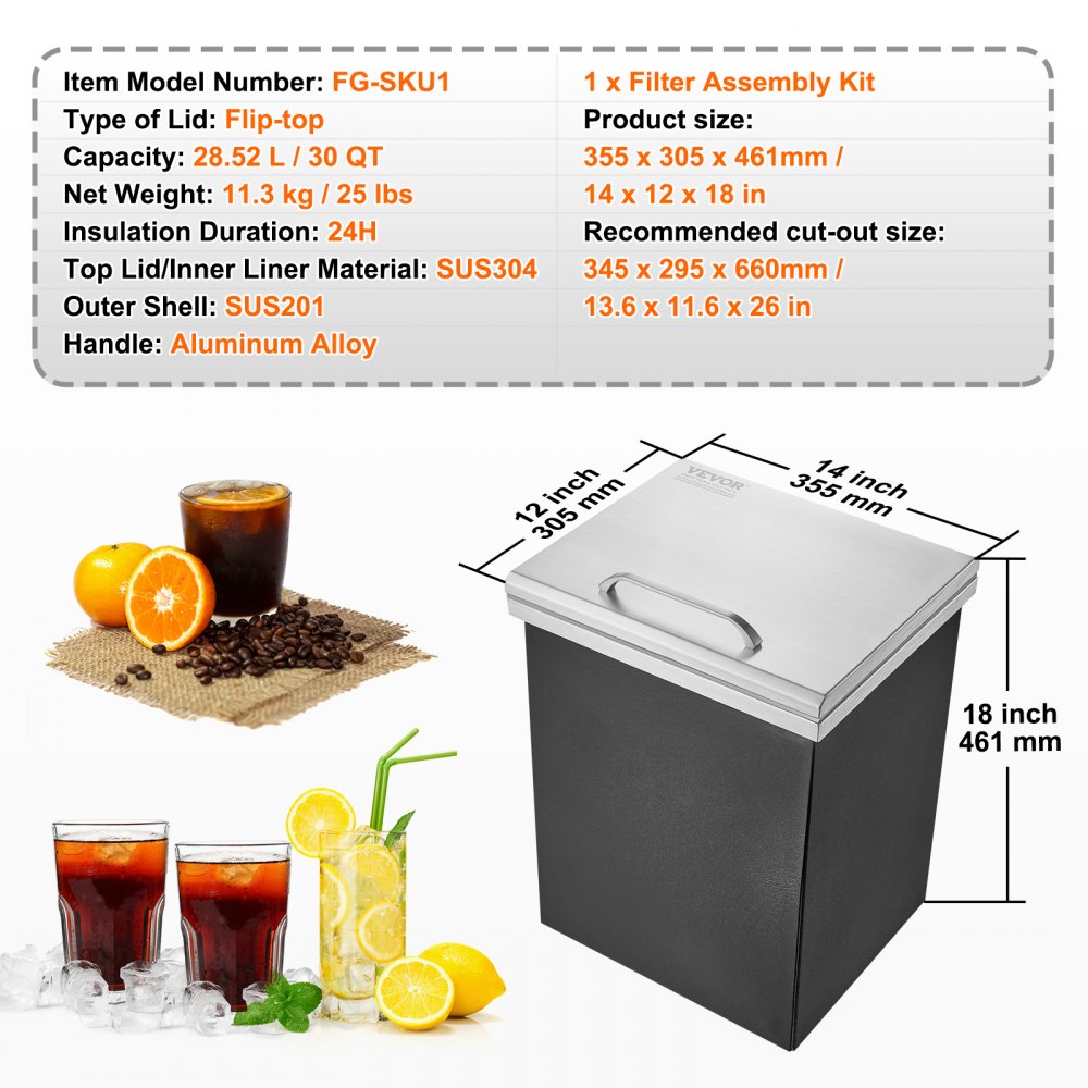 VEVOR Drop-in ijsbox, 28,52 L roestvrijstalen ijskoeler, 355 x 305 x 461 mm commerciële ijscontainer met scharnierend deksel, ingebouwde ijsopslagkist, afvoerpijp en afvoerplug inbegrepen