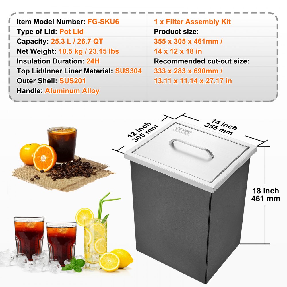 VEVOR Drop-in ijsbox, 25,3 liter roestvrijstalen ijskoeler, 355 x 305 x 461 mm commerciële ijscontainer met deksel, ingebouwde ijskast, afvoerpijp en afvoerplug inbegrepen
