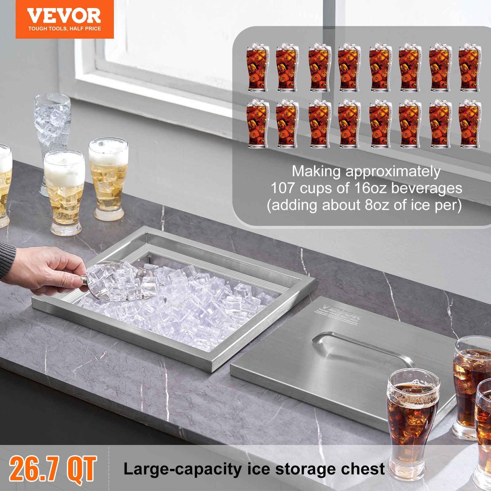 VEVOR Drop-in ijsbox, 25,3 liter roestvrijstalen ijskoeler, 355 x 305 x 461 mm commerciële ijscontainer met deksel, ingebouwde ijskast, afvoerpijp en afvoerplug inbegrepen