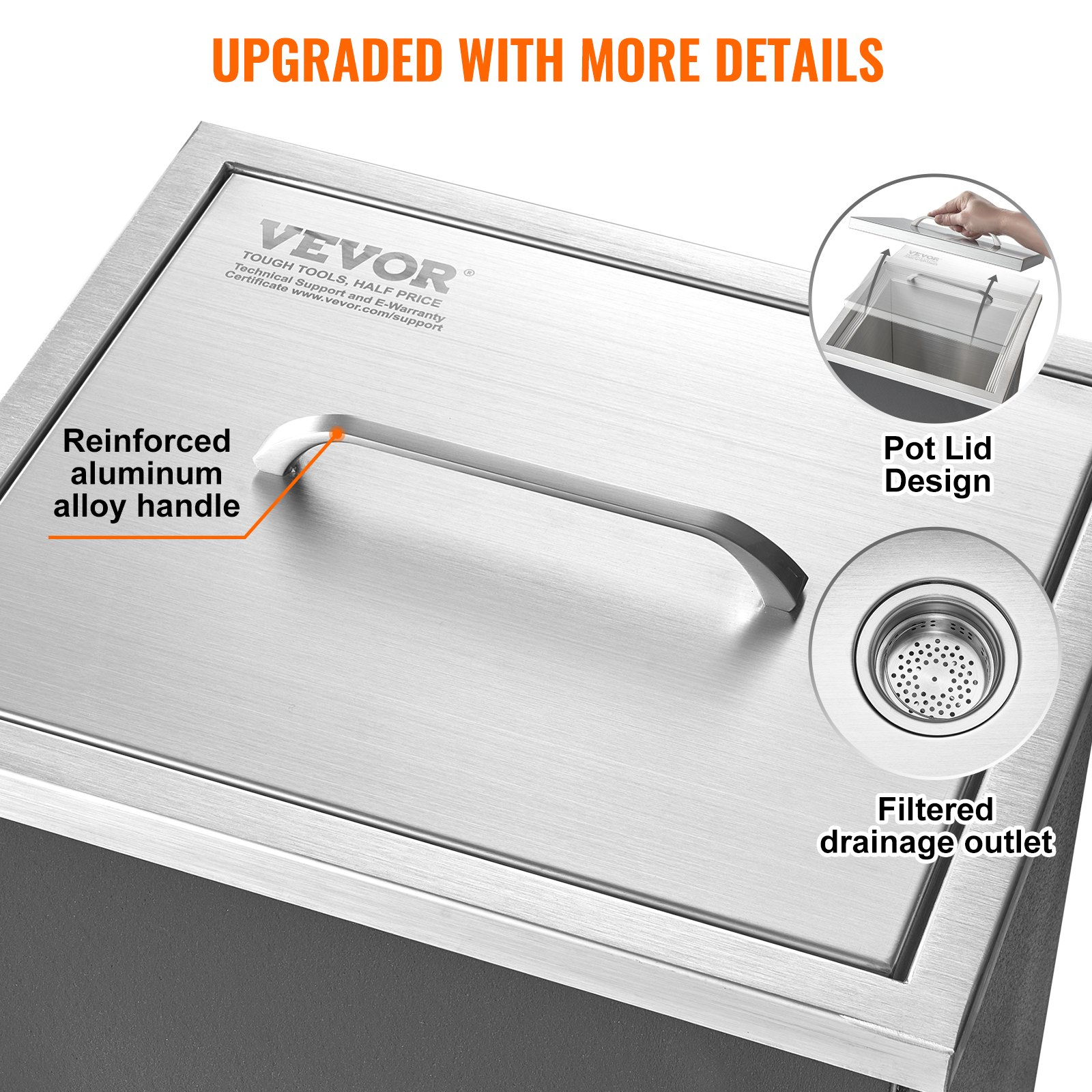VEVOR Drop-in ijsbox, 25,3 liter roestvrijstalen ijskoeler, 355 x 305 x 461 mm commerciële ijscontainer met deksel, ingebouwde ijskast, afvoerpijp en afvoerplug inbegrepen