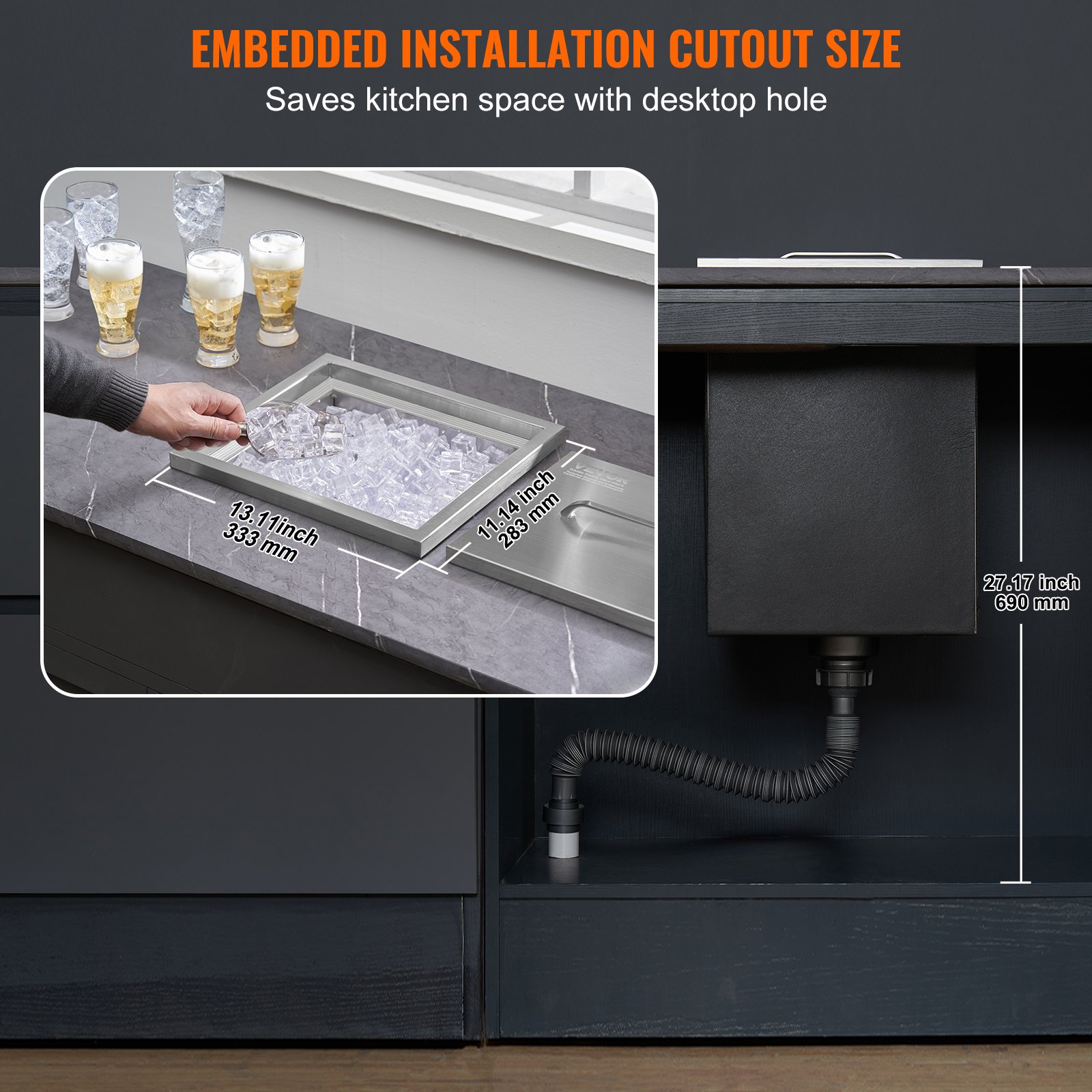 VEVOR Drop-in ijsbox, 25,3 liter roestvrijstalen ijskoeler, 355 x 305 x 461 mm commerciële ijscontainer met deksel, ingebouwde ijskast, afvoerpijp en afvoerplug inbegrepen