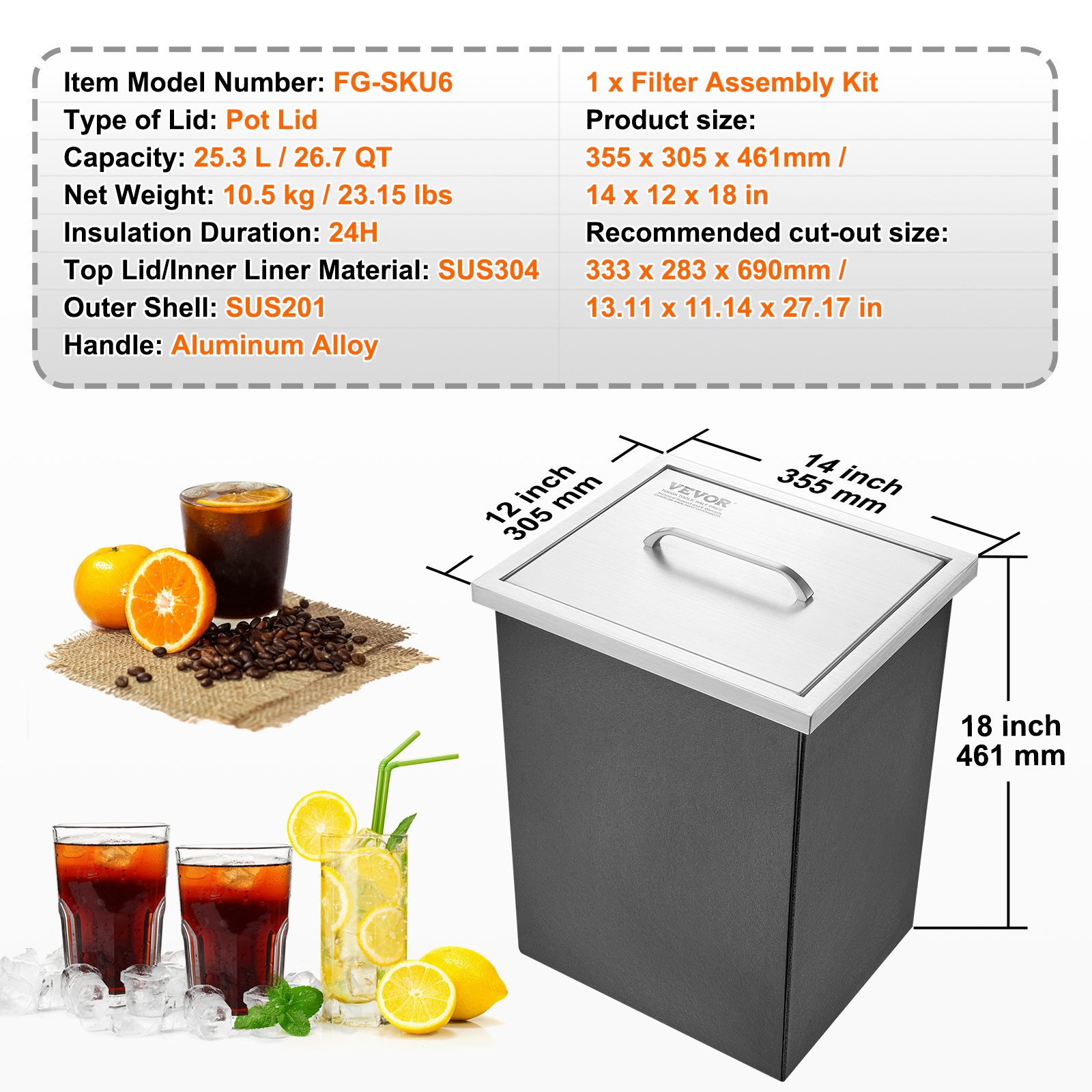 VEVOR Drop-in ijsbox, 25,3 liter roestvrijstalen ijskoeler, 355 x 305 x 461 mm commerciële ijscontainer met deksel, ingebouwde ijskast, afvoerpijp en afvoerplug inbegrepen