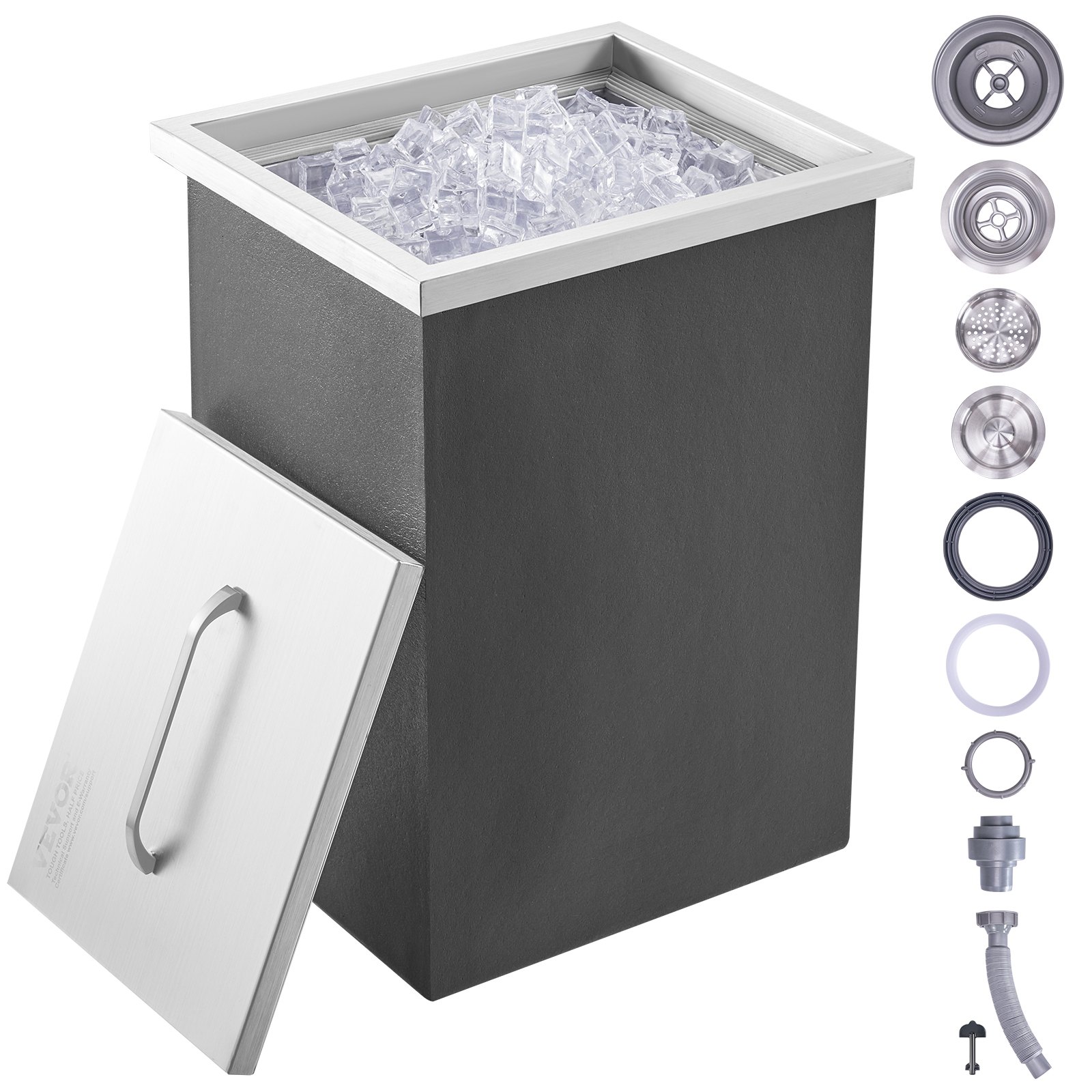 VEVOR Drop-in ijsbox, 25,3 liter roestvrijstalen ijskoeler, 355 x 305 x 461 mm commerciële ijscontainer met deksel, ingebouwde ijskast, afvoerpijp en afvoerplug inbegrepen