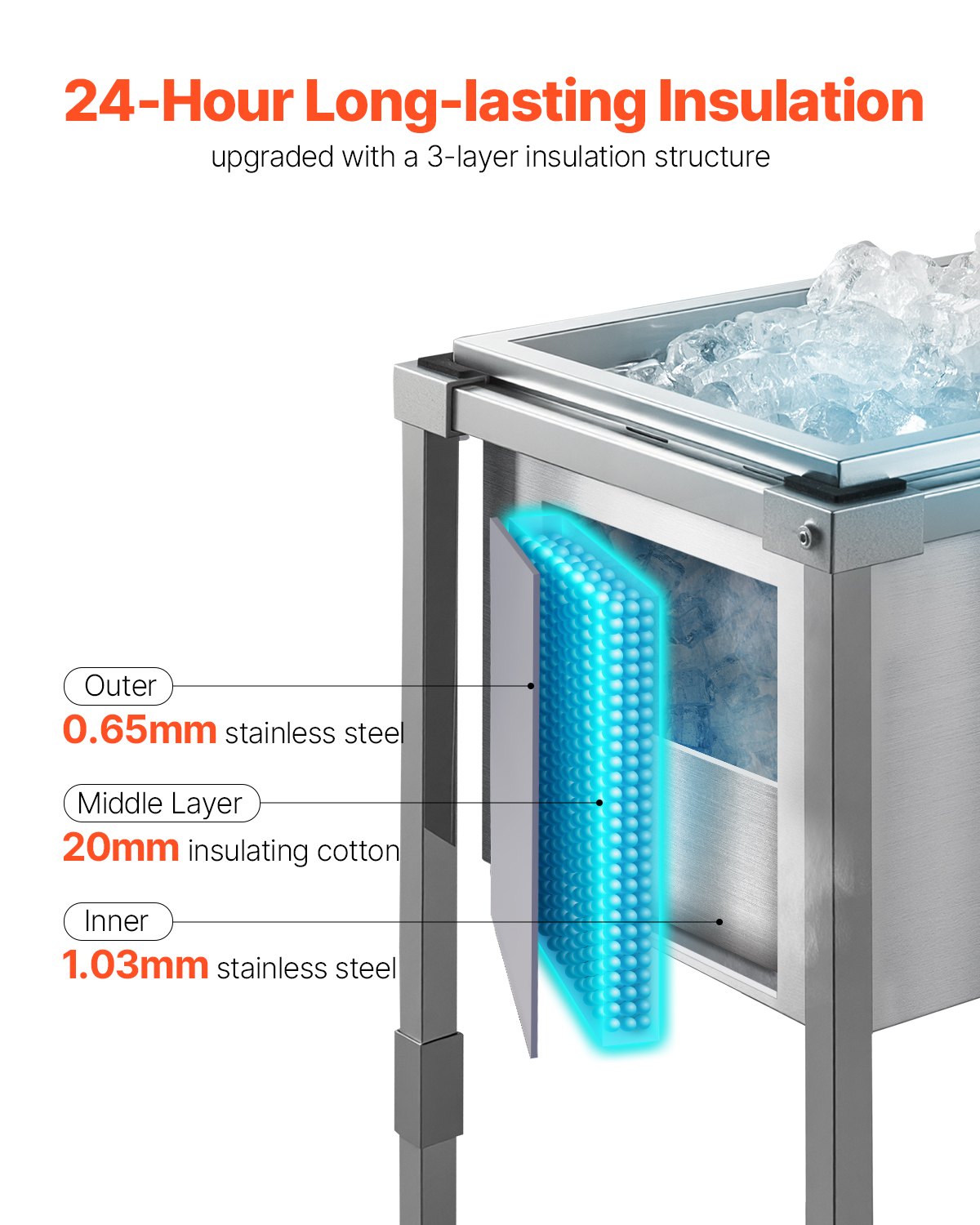 VEVOR Rolling Ice Chest Cooler Cart, 22"L x 16"W x 38"H (553 x 405 x 970 mm) Stainless Steel Cooling Bin on Wheels, 31L Outdoor Stand Up Cooler Trolley with Shelf, for Patio Backyard Party Bar