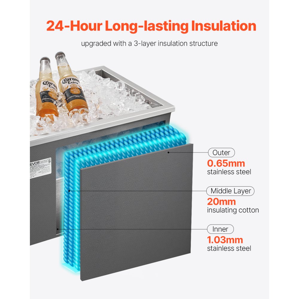 VEVOR Drop in Ice Chest, 20"L x 14"W x 12"H (508 x 355 x 306 mm) Stainless Steel Drop in Cooler, 30L Commercial Ice Bin with Pot Lid for Outdoor, Drain-pipe Set Included, for Cold Wine Beer