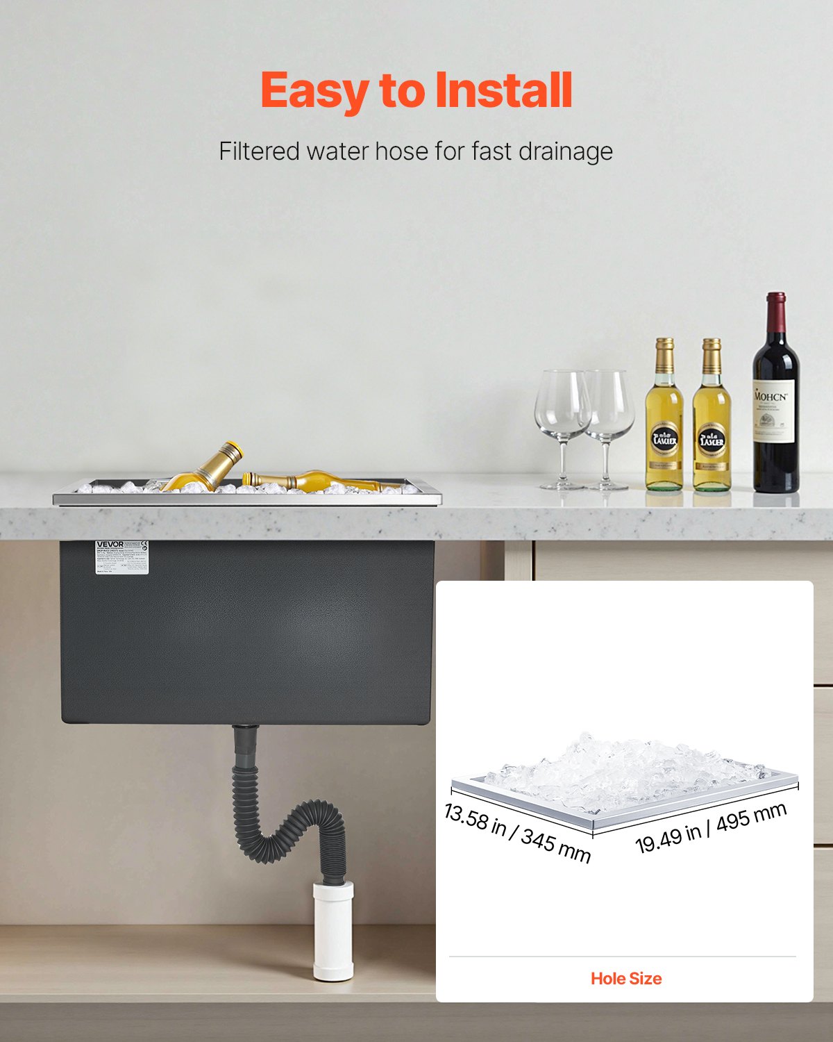 VEVOR Drop in Ice Chest, 20"L x 14"W x 12"H (508 x 355 x 306 mm) Stainless Steel Drop in Cooler, 30L Commercial Ice Bin with Pot Lid for Outdoor, Drain-pipe Set Included, for Cold Wine Beer