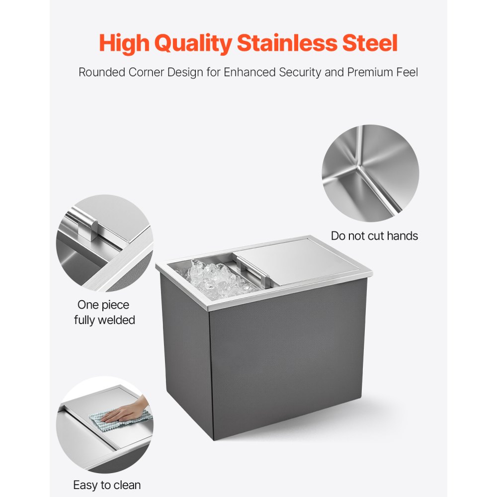 VEVOR Drop in Ice Chest, 18"L x 12"W x 15"H (455 x 305 x 385 mm) Stainless Steel Drop in Cooler, 27.1L Commercial Ice Bin with Sliding Lid for Outdoor, Drain-pipe Set Included, for Cold Wine Beer