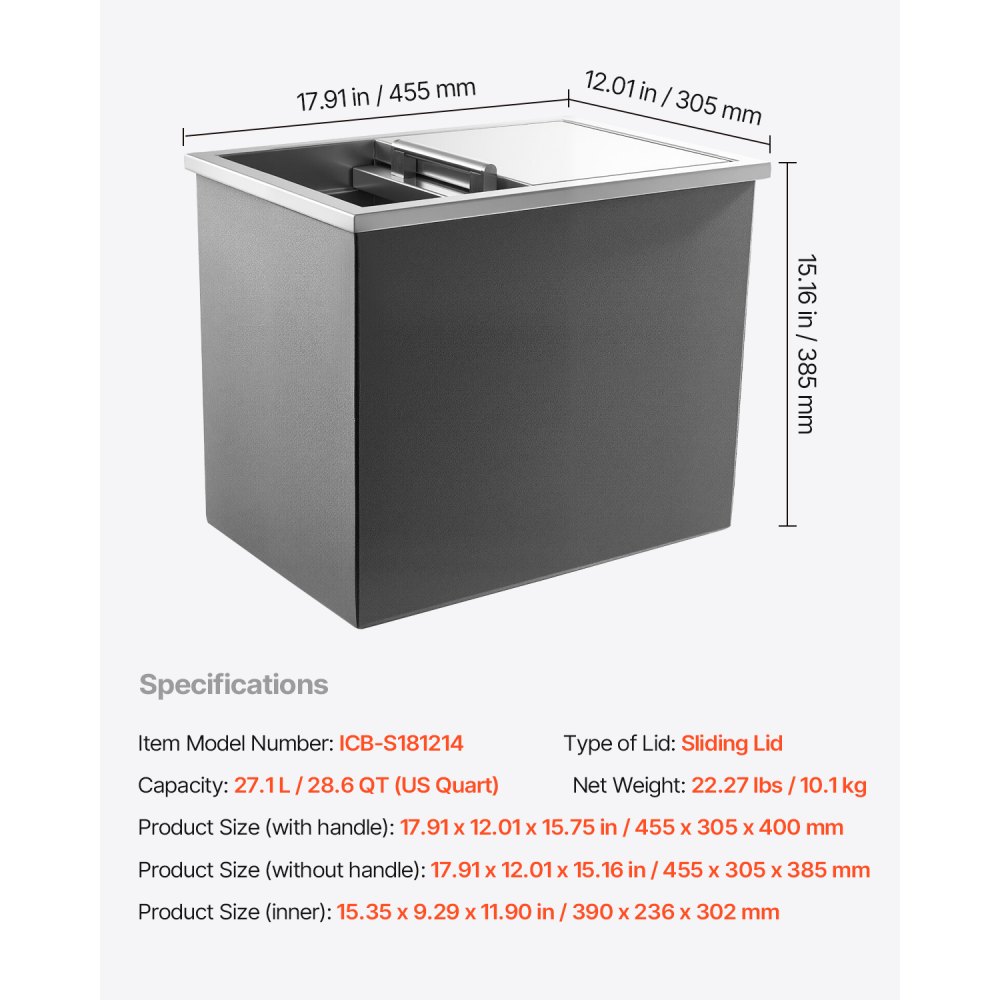 VEVOR Drop in Ice Chest, 18"L x 12"W x 15"H (455 x 305 x 385 mm) Stainless Steel Drop in Cooler, 27.1L Commercial Ice Bin with Sliding Lid for Outdoor, Drain-pipe Set Included, for Cold Wine Beer