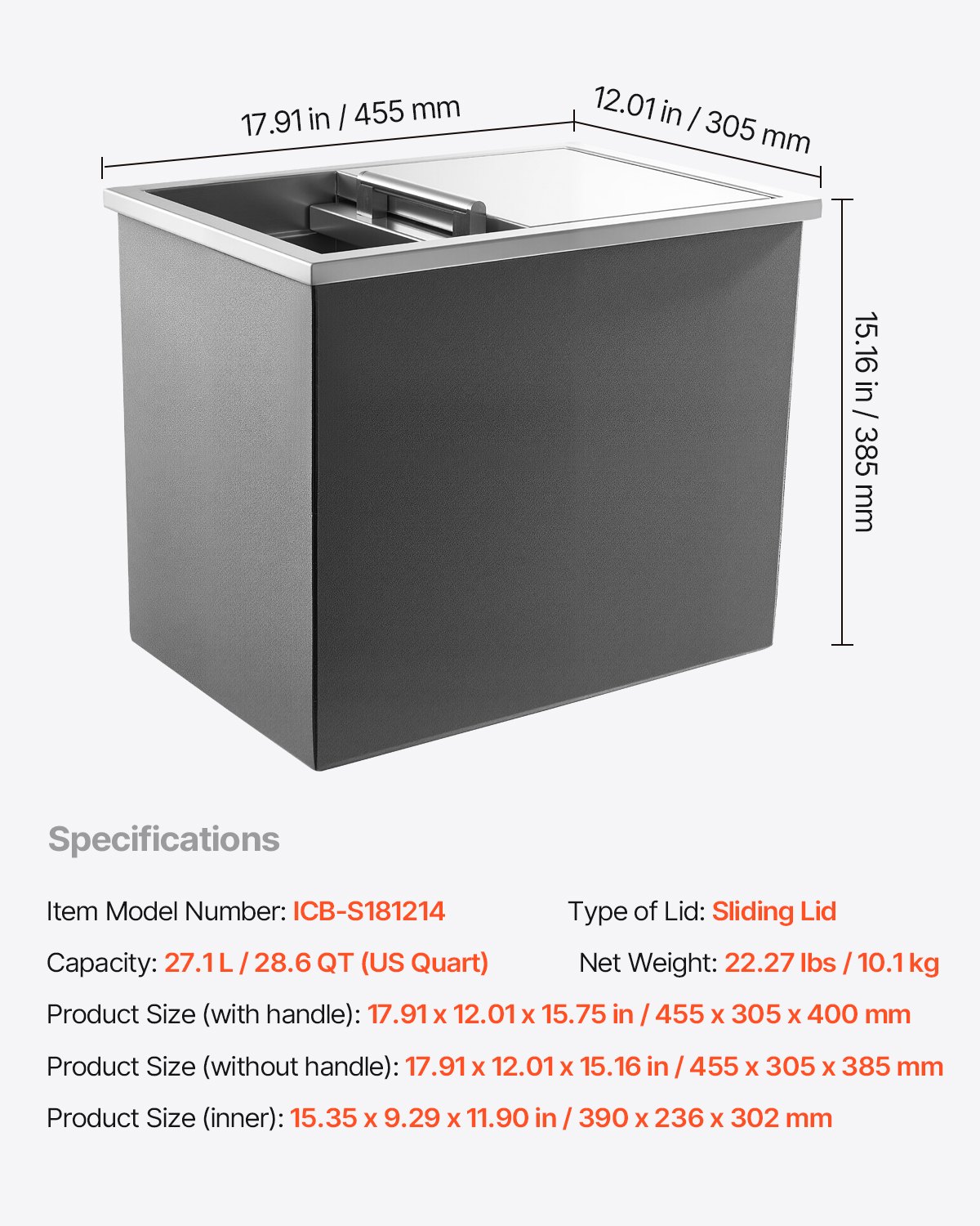 VEVOR Drop in Ice Chest, 18"L x 12"W x 15"H (455 x 305 x 385 mm) Stainless Steel Drop in Cooler, 27.1L Commercial Ice Bin with Sliding Lid for Outdoor, Drain-pipe Set Included, for Cold Wine Beer