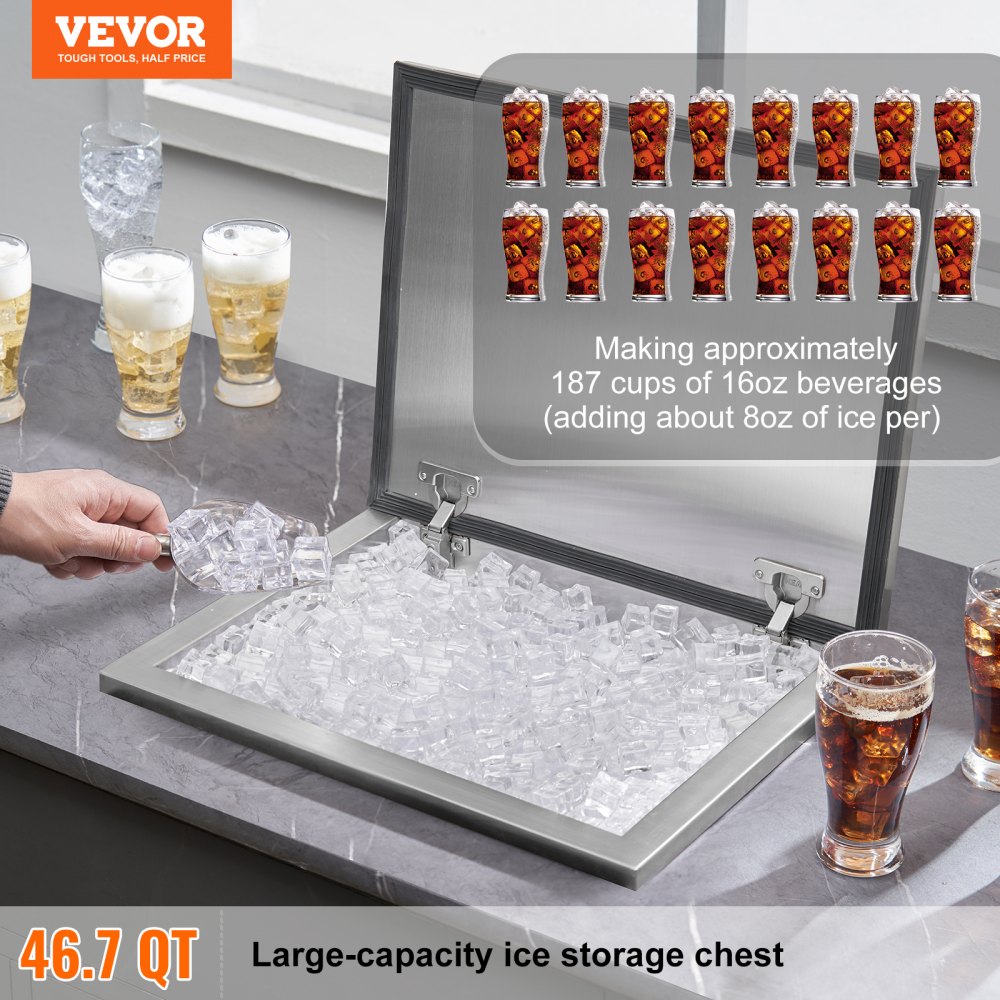 VEVOR Drop-in ijsbox, 44,24 L roestvrijstalen ijskoeler, 507 x 407 x 333 mm commerciële ijscontainer met scharnierend deksel, ingebouwde ijsopslagkist, afvoerpijp en afvoerplug inbegrepen