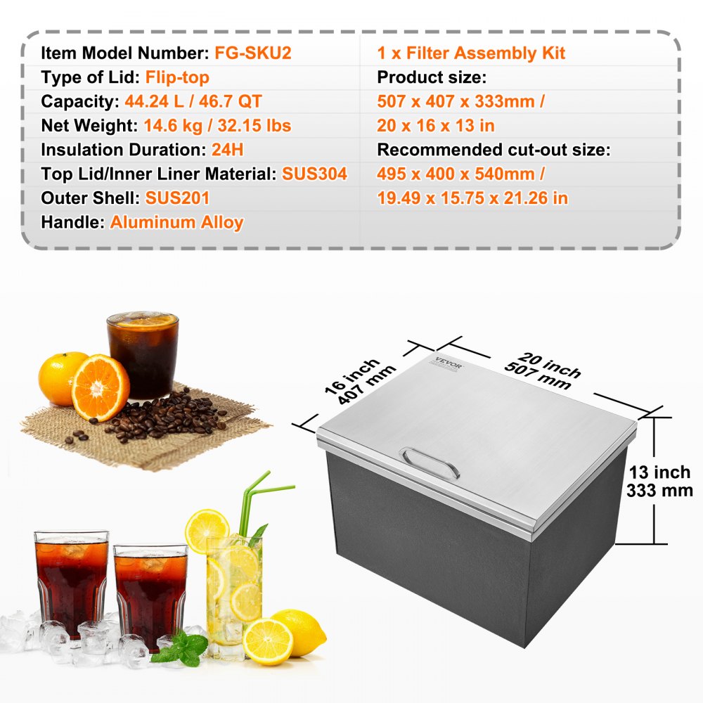 VEVOR Drop-in ijsbox, 44,24 L roestvrijstalen ijskoeler, 507 x 407 x 333 mm commerciële ijscontainer met scharnierend deksel, ingebouwde ijsopslagkist, afvoerpijp en afvoerplug inbegrepen