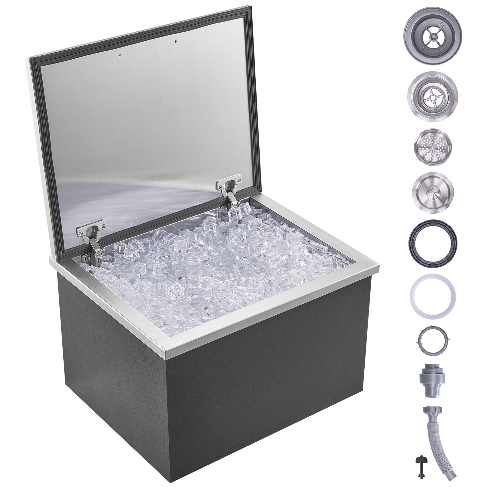 VEVOR Drop-in ijsbox, 44,24 L roestvrijstalen ijskoeler, 507 x 407 x 333 mm commerciële ijscontainer met scharnierend deksel, ingebouwde ijsopslagkist, afvoerpijp en afvoerplug inbegrepen