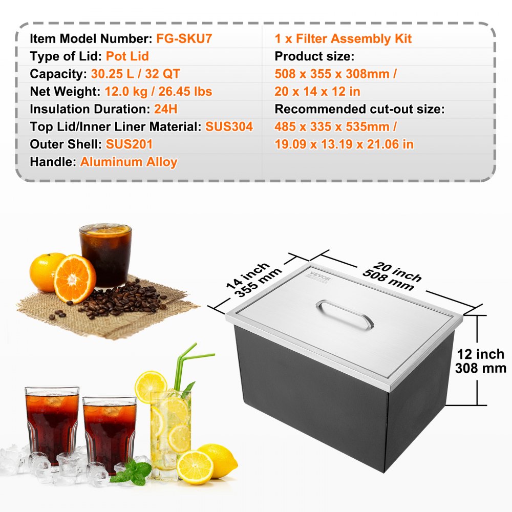 VEVOR Drop-in ijsbox, 30,25 liter roestvrijstalen ijskoeler, 508 x 355 x 308 mm commerciële ijscontainer met deksel, ingebouwde ijskast, afvoerpijp en afvoerplug inbegrepen