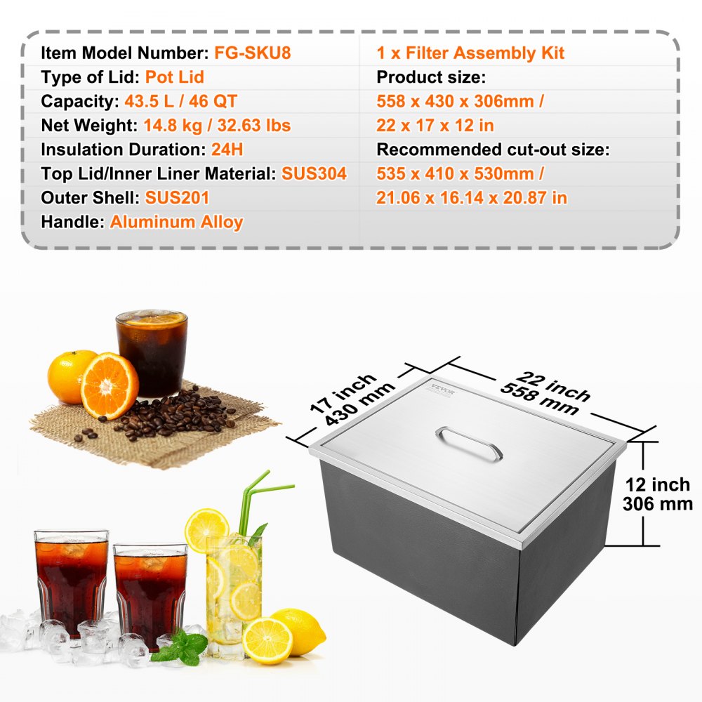 VEVOR Drop-in ijsbox, 43,5 liter roestvrijstalen ijskoeler, 558 x 430 x 306 mm commerciële ijscontainer met deksel, ingebouwde ijskast, afvoerpijp en afvoerplug inbegrepen