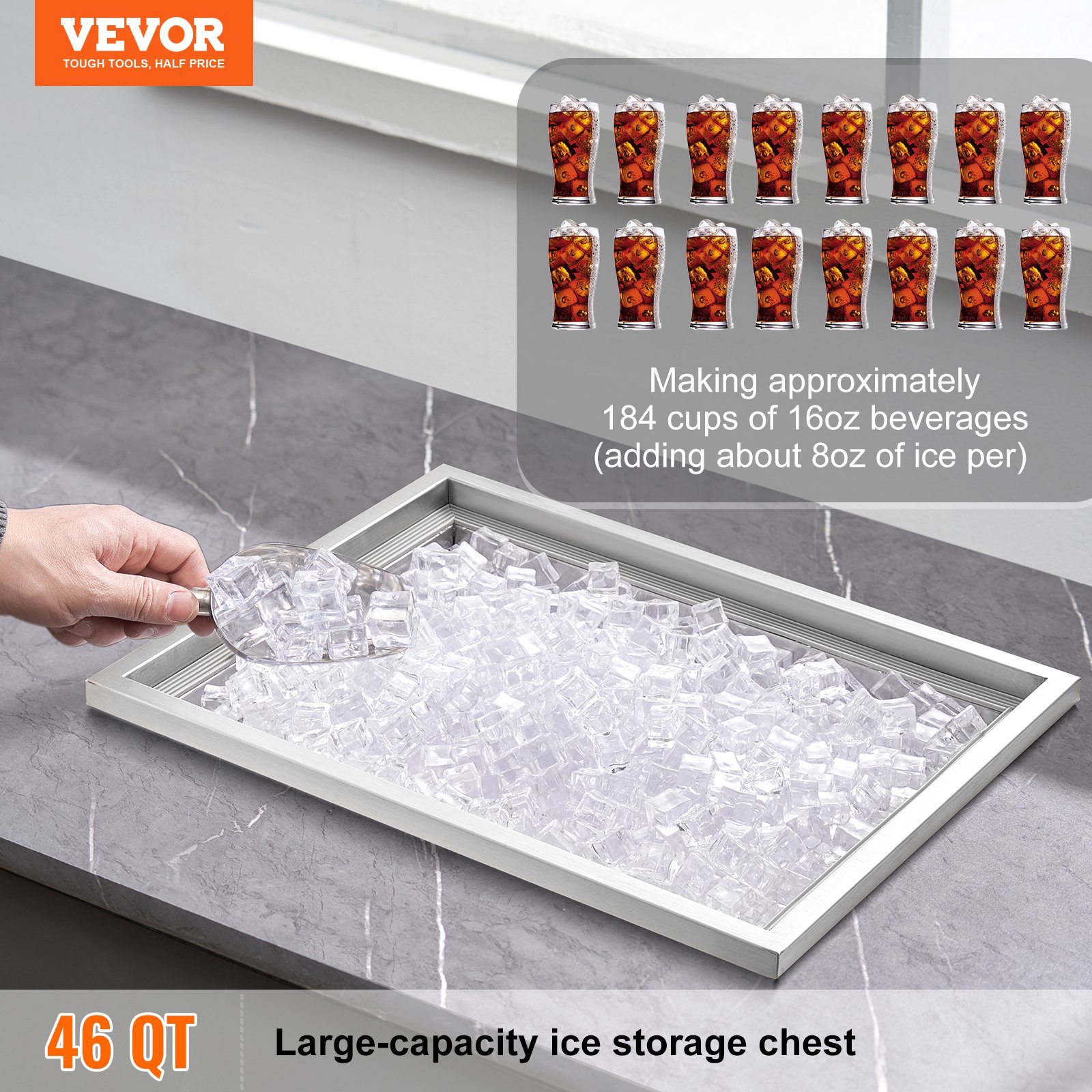VEVOR Drop-in ijsbox, 43,5 liter roestvrijstalen ijskoeler, 558 x 430 x 306 mm commerciële ijscontainer met deksel, ingebouwde ijskast, afvoerpijp en afvoerplug inbegrepen