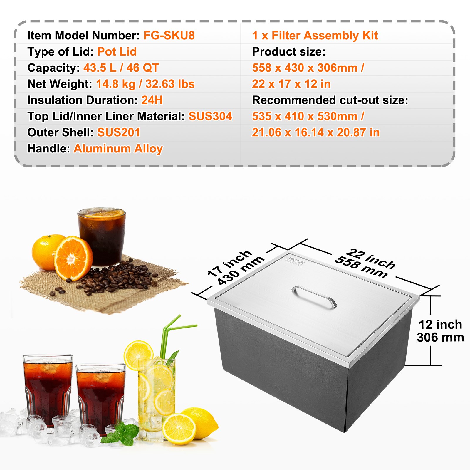 VEVOR Drop-in ijsbox, 43,5 liter roestvrijstalen ijskoeler, 558 x 430 x 306 mm commerciële ijscontainer met deksel, ingebouwde ijskast, afvoerpijp en afvoerplug inbegrepen