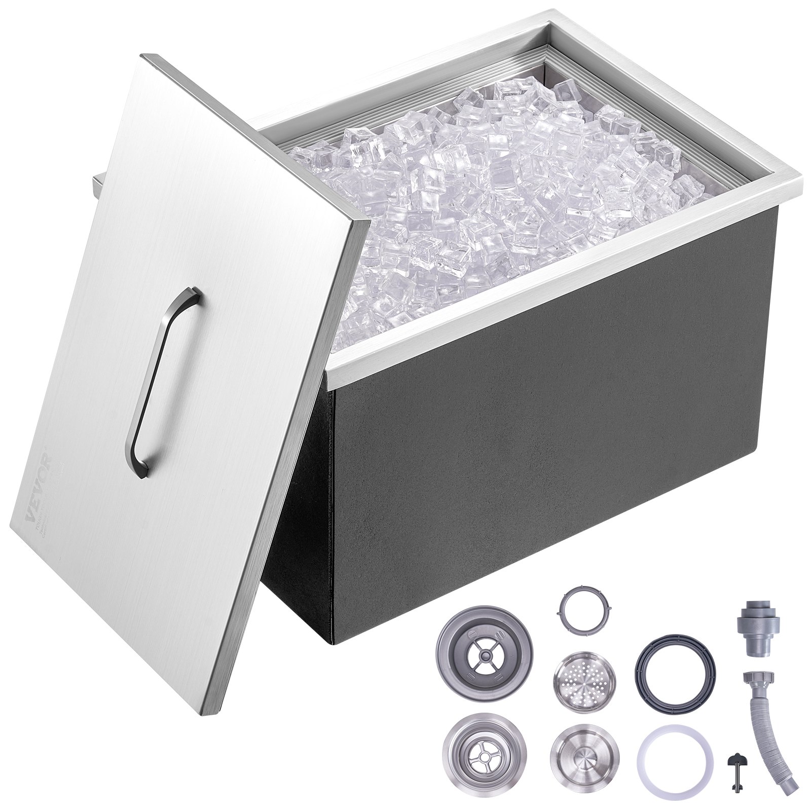 VEVOR Drop-in ijsbox, 43,5 liter roestvrijstalen ijskoeler, 558 x 430 x 306 mm commerciële ijscontainer met deksel, ingebouwde ijskast, afvoerpijp en afvoerplug inbegrepen