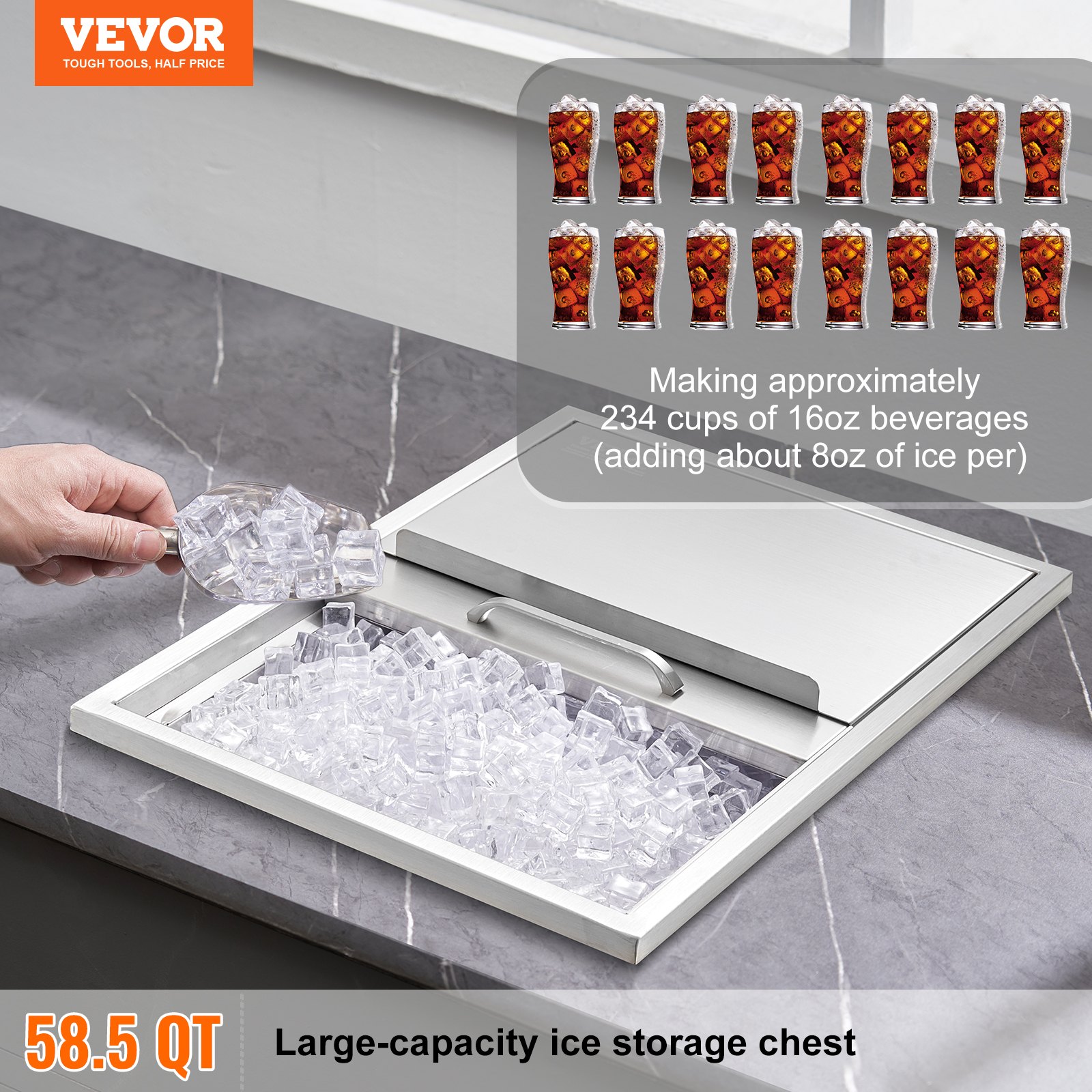 VEVOR 55,23 L inbouw-ijsbox, 608 x 457 x 333 mm roestvrijstalen ijskoeler, commerciële ijscontainer met schuifdeksel, ingebouwde ijskast, afvoerpijp en afvoerplug inbegrepen