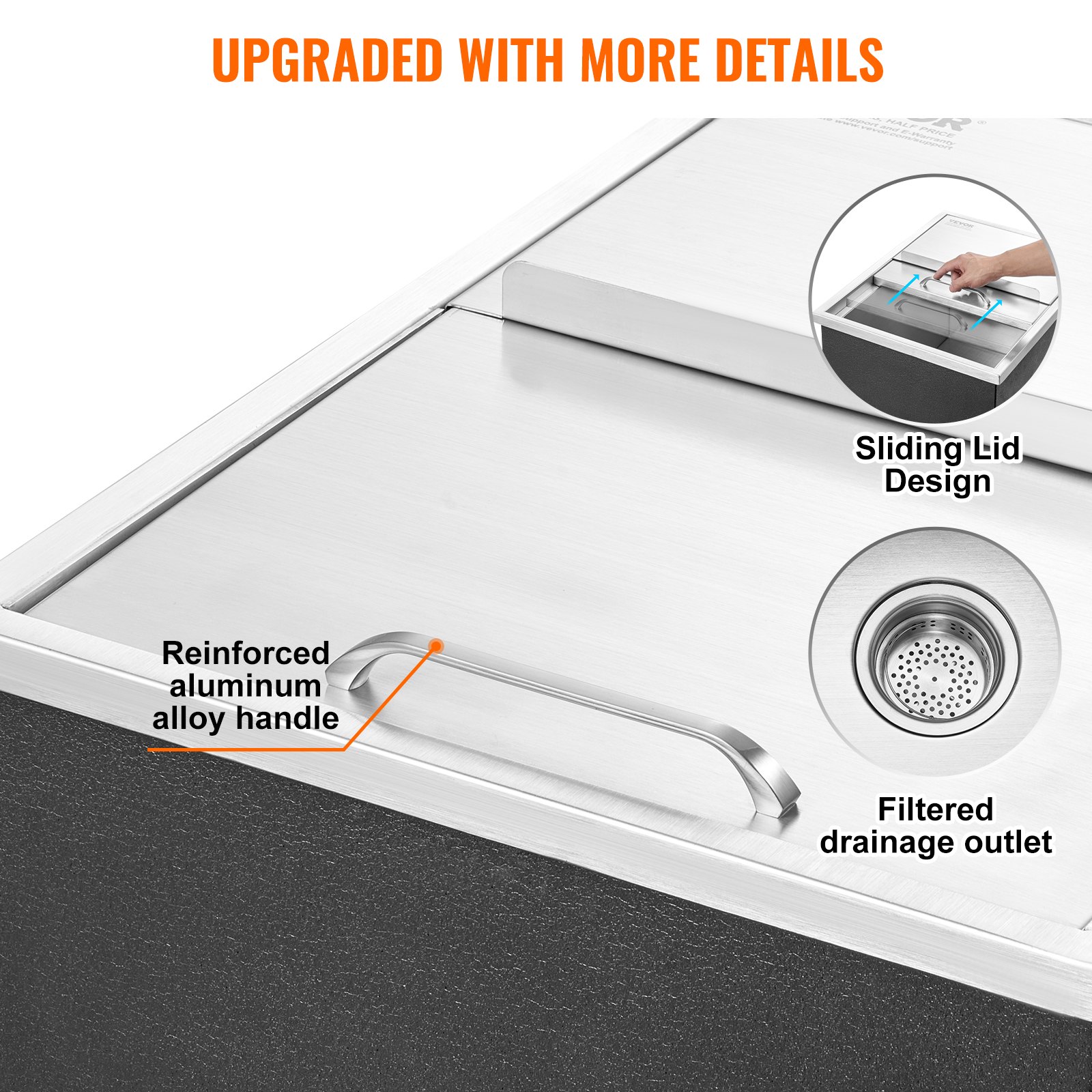 VEVOR 55,23 L inbouw-ijsbox, 608 x 457 x 333 mm roestvrijstalen ijskoeler, commerciële ijscontainer met schuifdeksel, ingebouwde ijskast, afvoerpijp en afvoerplug inbegrepen