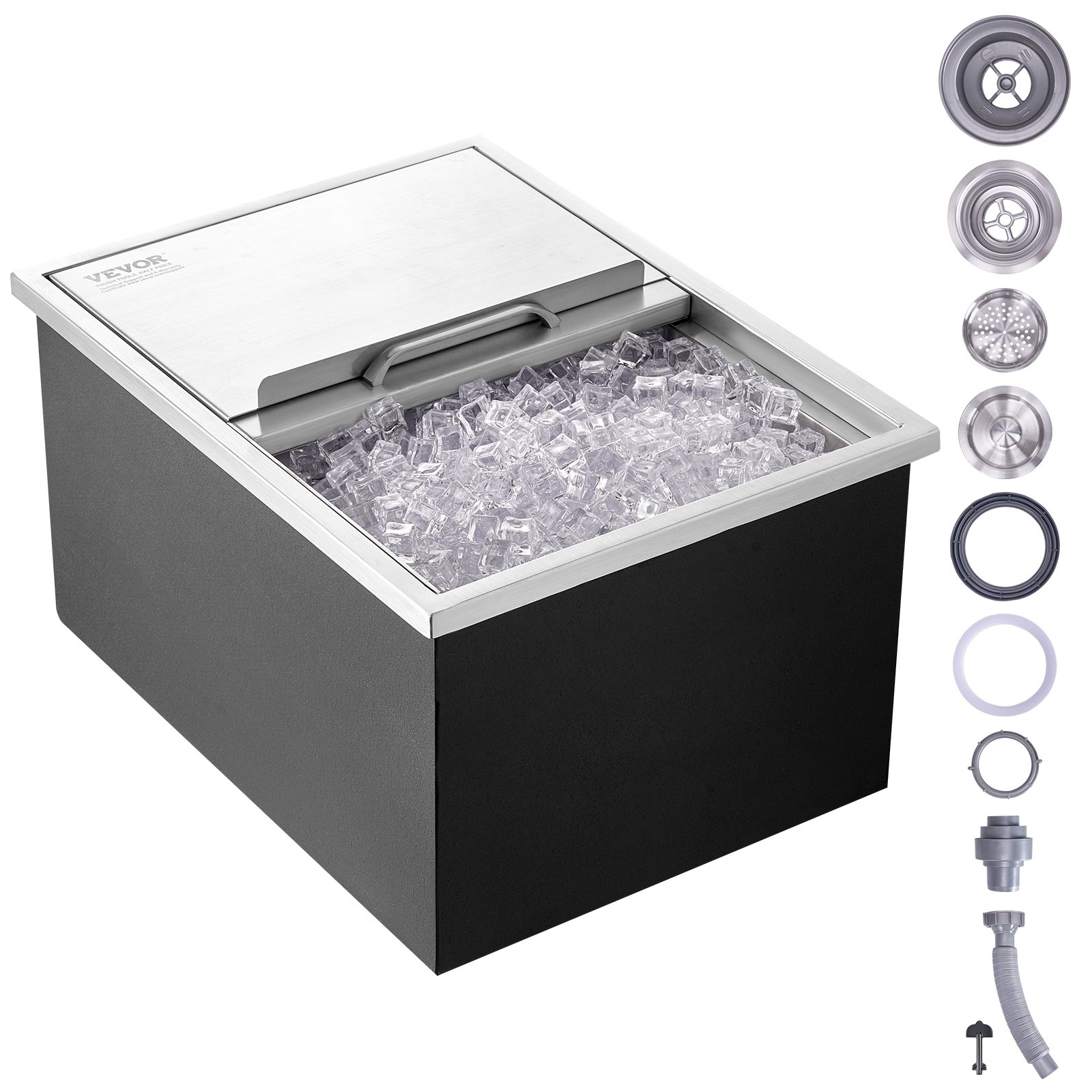 VEVOR 55,23 L inbouw-ijsbox, 608 x 457 x 333 mm roestvrijstalen ijskoeler, commerciële ijscontainer met schuifdeksel, ingebouwde ijskast, afvoerpijp en afvoerplug inbegrepen