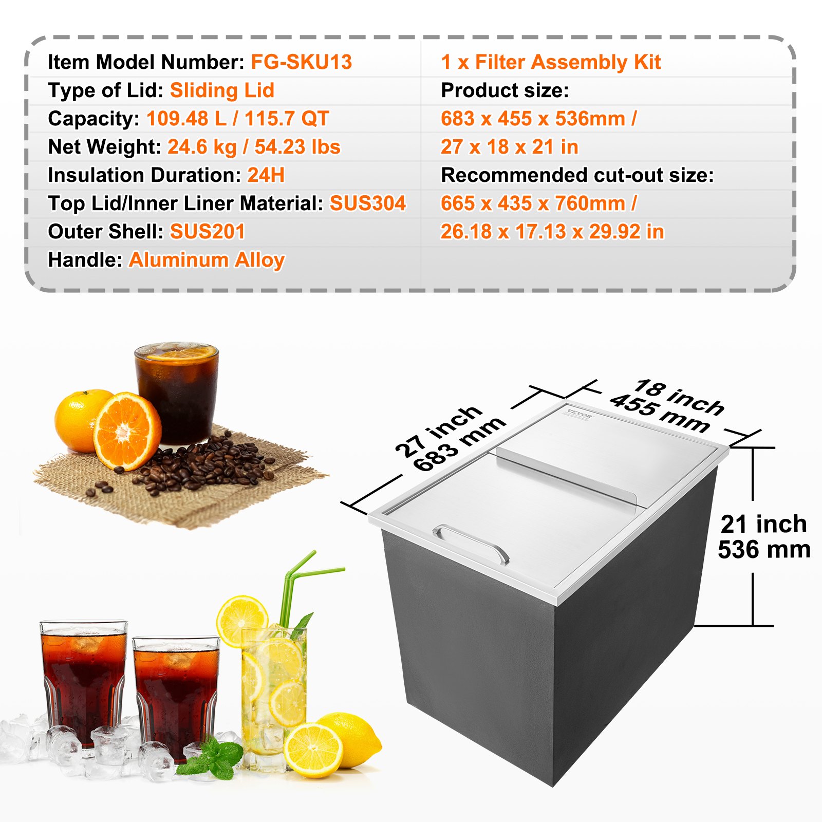 VEVOR 109,48 L inbouw-ijsbox, 683 x 455 x 536 mm roestvrijstalen ijskoeler, commerciële ijscontainer met schuifdeksel, ingebouwde ijskast, afvoerpijp en afvoerplug inbegrepen