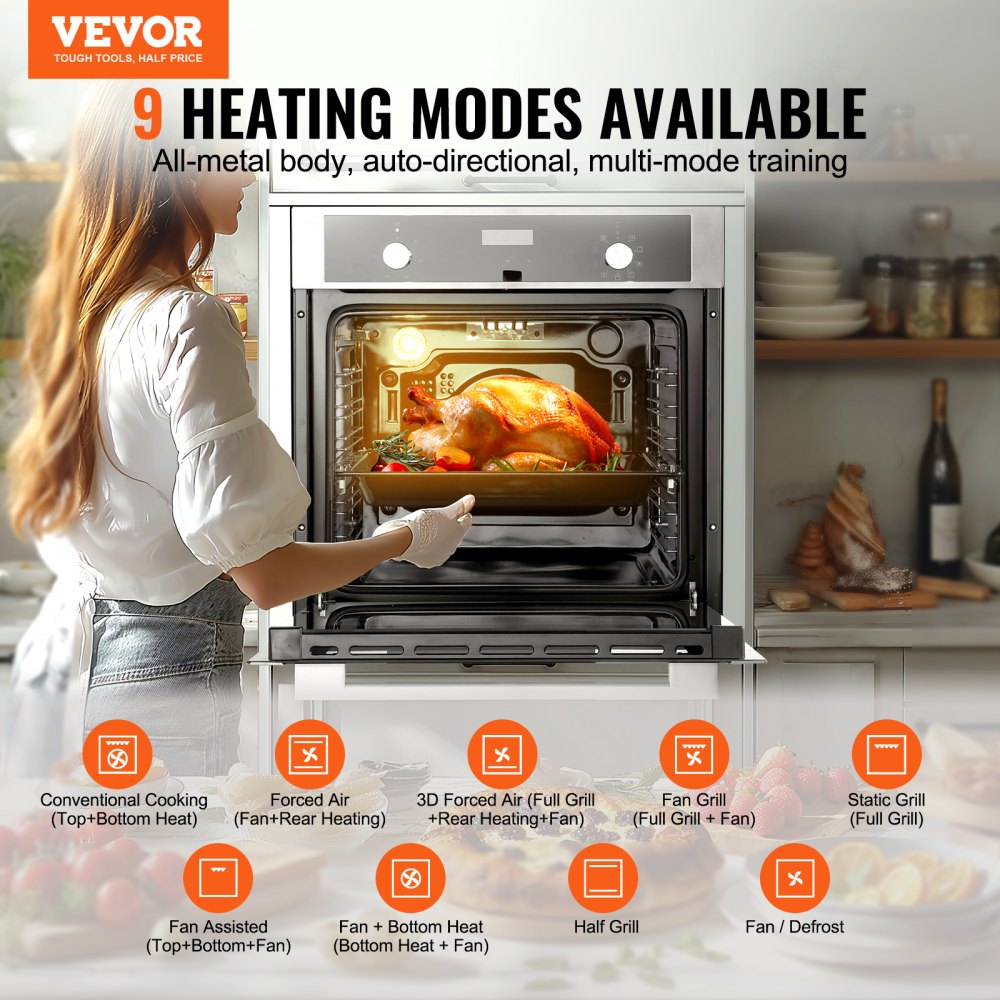 VEVOR Single Wall Oven, 24" Electric Built-in Wall Oven with 9 Cooking Functions, 2.68 Cu.Ft Electric Wall Ovens, Rapid heating to 200°C in 5min, 3550W Electric Oven with Baking Rack and Tray, Kitchen