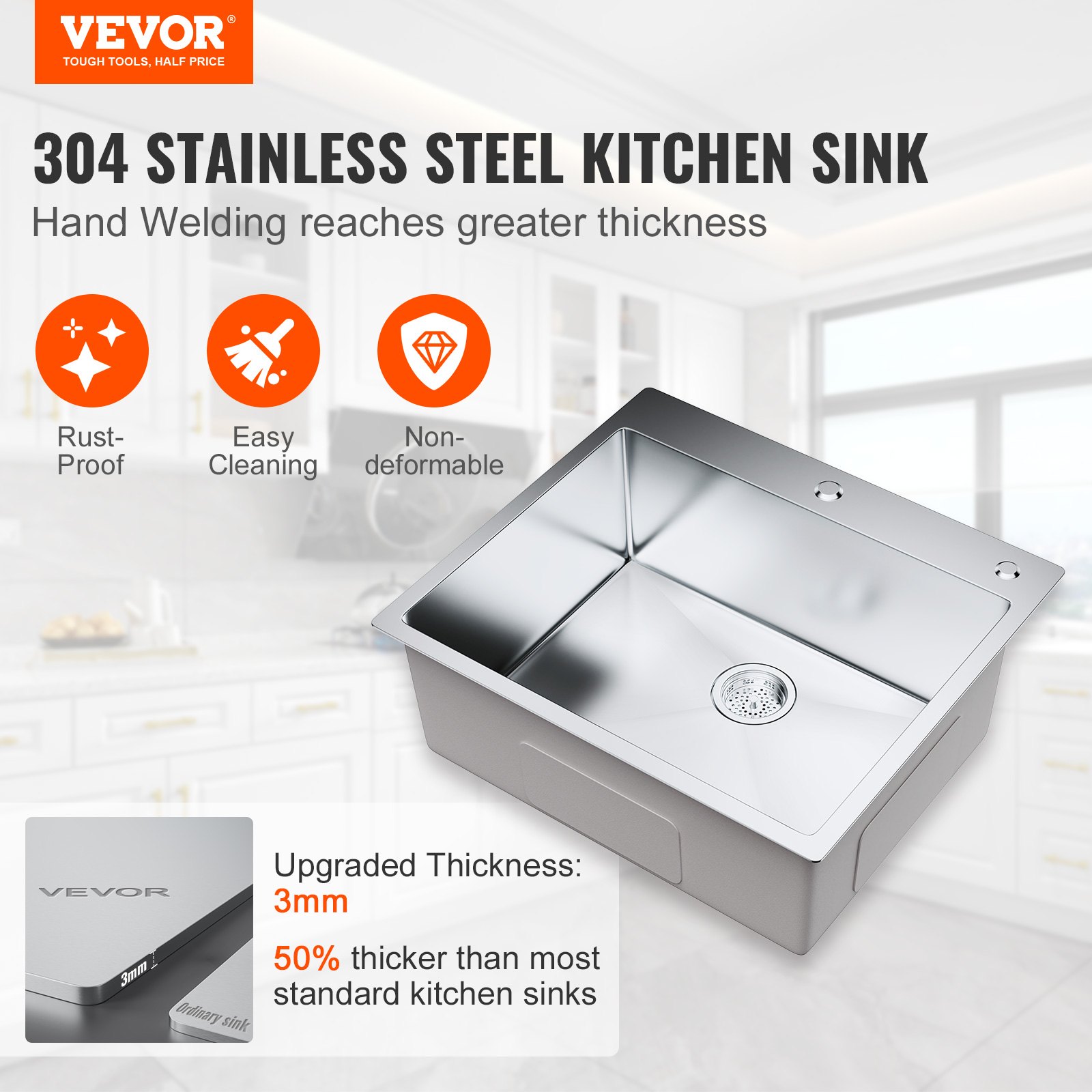VEVOR 25" Kitchen Sink Top Mount Single Bowl Basin Stainless Steel Kitchen Bar