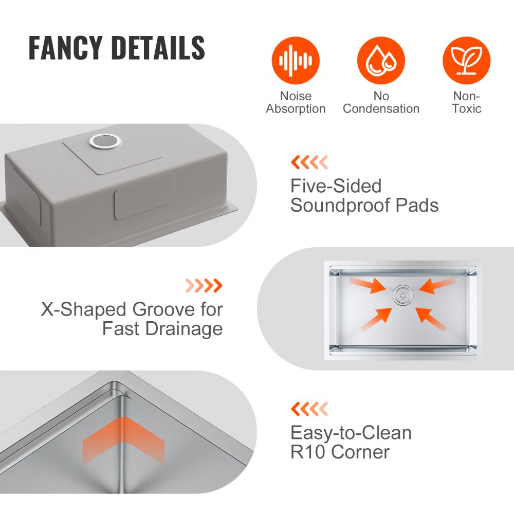 VEVOR 762 x 483 mm keukenspoelbak inbouwspoelbak, onderbouwspoelbak met enkele bak en accessoires, spoelbak voor huishoudelijke vaatwassers voor werkplek, camper, voorbereidingskeuken en barspoelbak