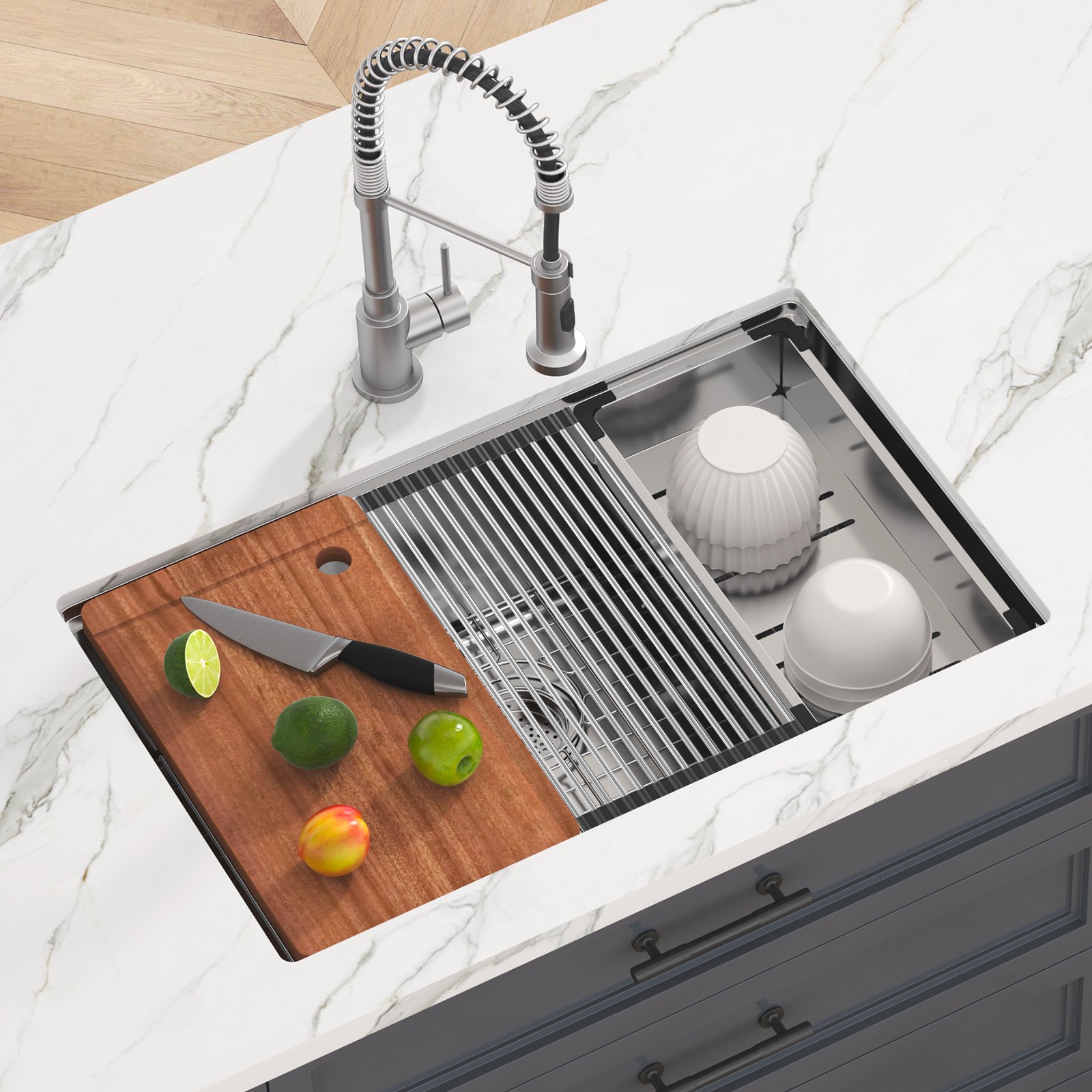 VEVOR 762 x 483 mm keukenspoelbak inbouwspoelbak, onderbouwspoelbak met enkele bak en accessoires, spoelbak voor huishoudelijke vaatwassers voor werkplek, camper, voorbereidingskeuken en barspoelbak