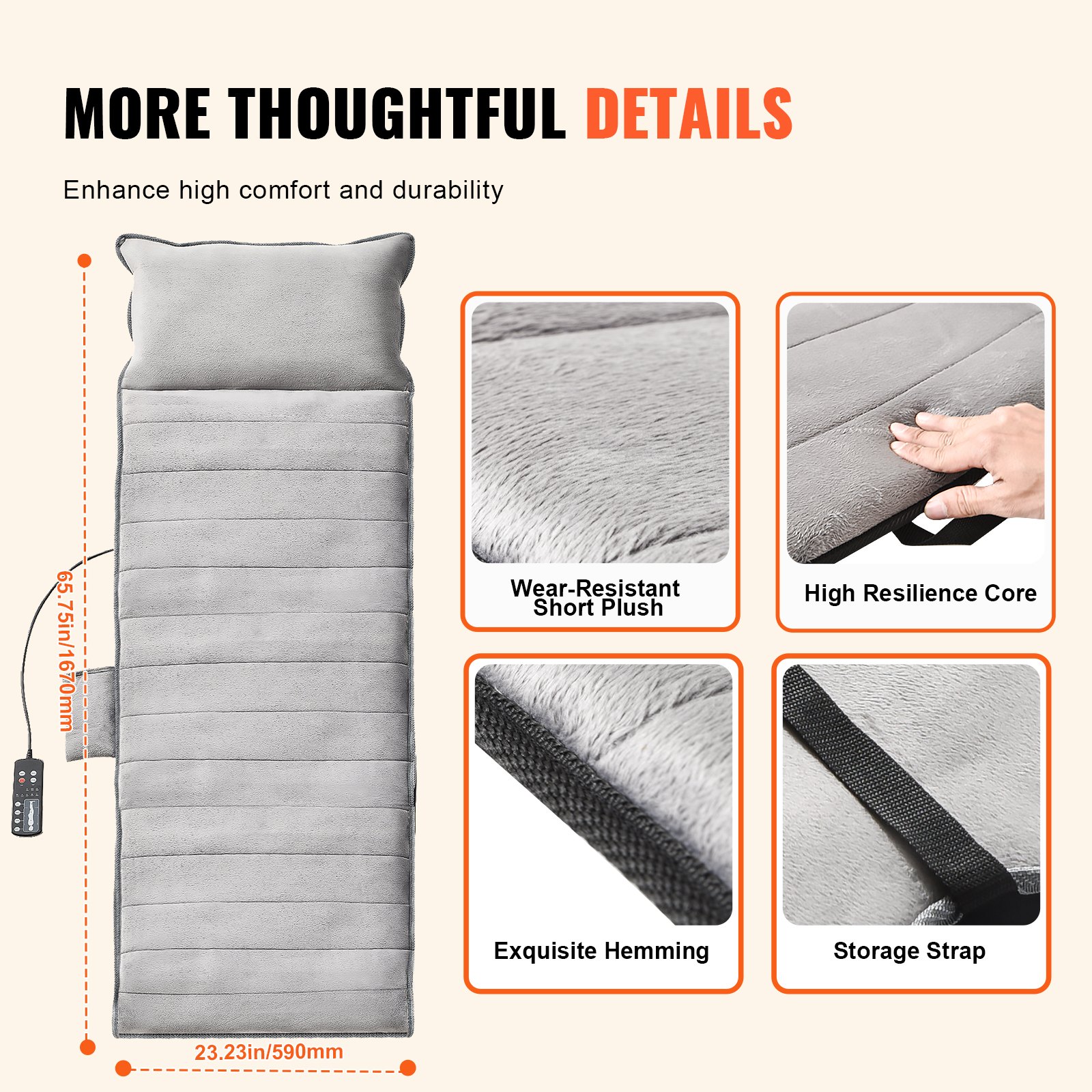 VEVOR Full Body Massage Pillow with Heat, Massage Pillow with 10 Vibration Motors, Heated Vibration Massage Pillow with 5 Modes and 3 Intensities, 3 Heating Pads, Massage Mat for Fatigue Relief