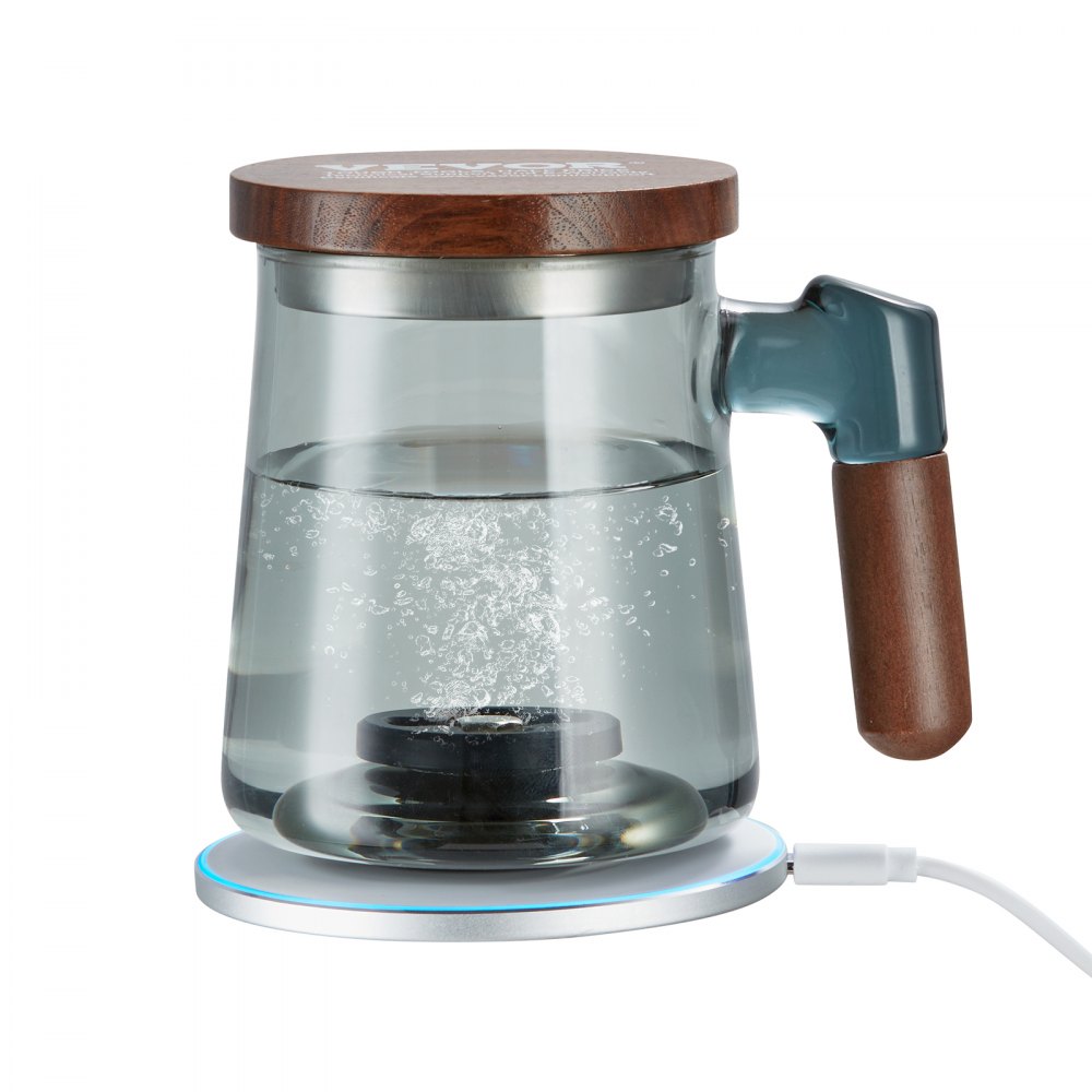 VEVOR hydrogen water cup with wooden lid, bubbling water, and handle on a charging base.