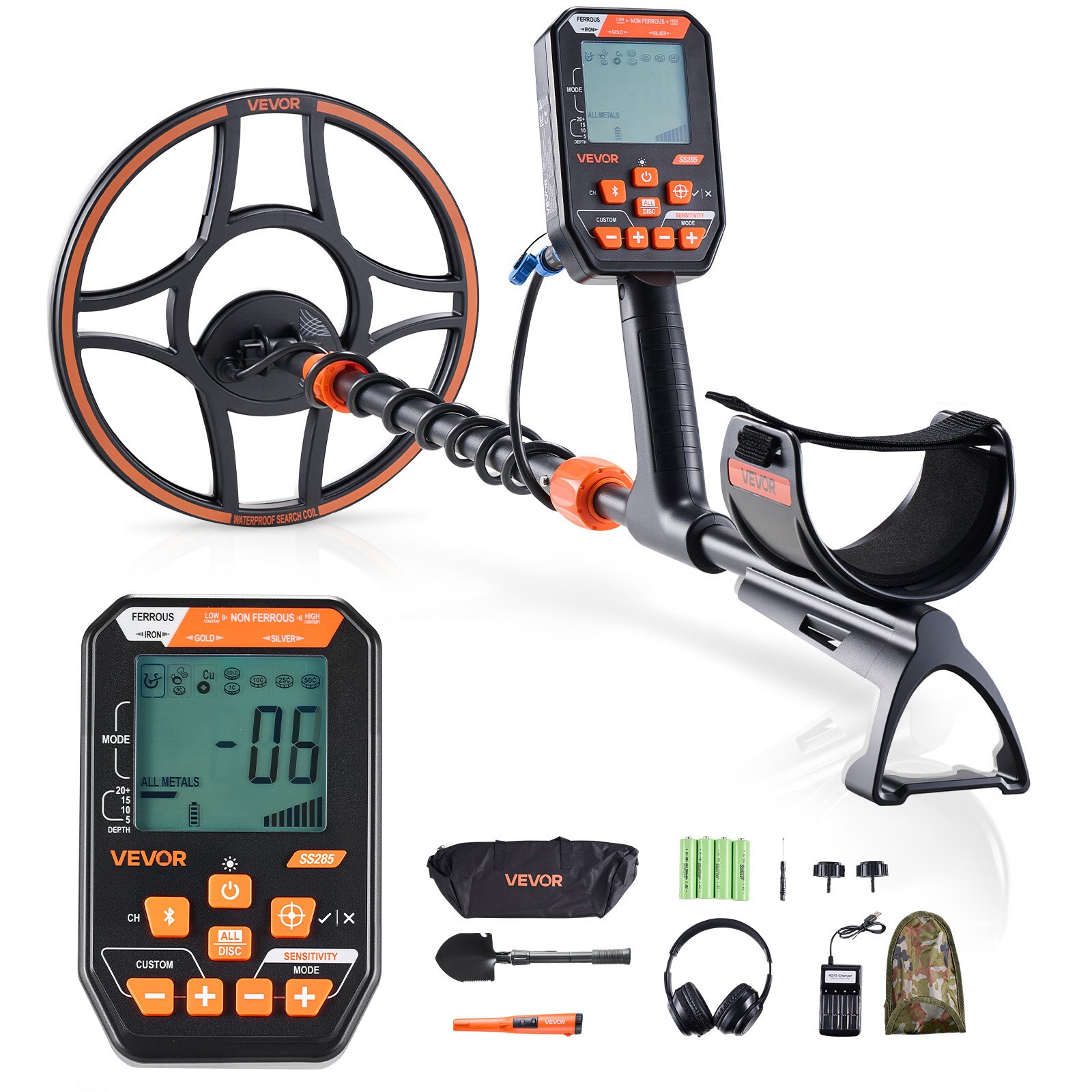 VEVOR Metaaldetector voor volwassenen 304,8 mm, professionele metaaldetector met 7 standen, IP68 waterdicht, zeer nauwkeurige gouddetector met display, draadloze hoofdtelefoon, verstelbare lengte, voor goudzoeken