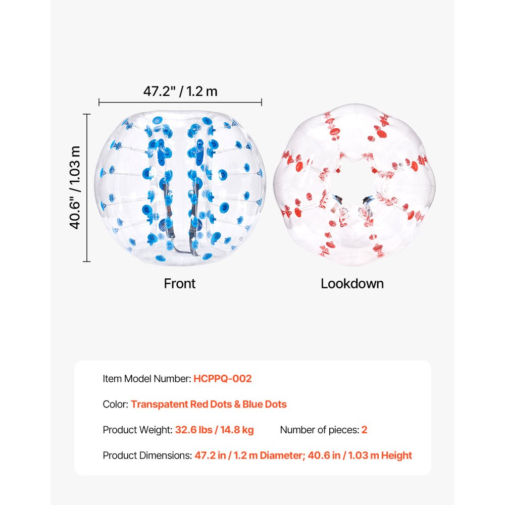 VEVOR Opblaasbare Bump Ball Bumper Ball 2-pack 1,2 m x 1,03 m, menselijke botsingsbal, PVC-lichaamsbubbel-stuitbal voor buitenactiviteiten, opblaasbare bumperbal met rode en blauwe stippen