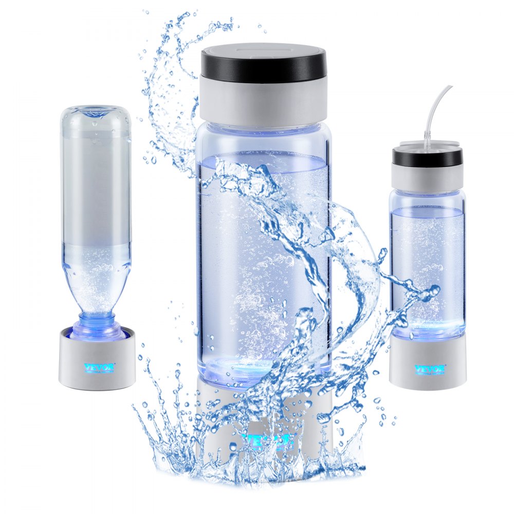 VEVOR hydrogen water bottle with splashing water, showing different angles and features.