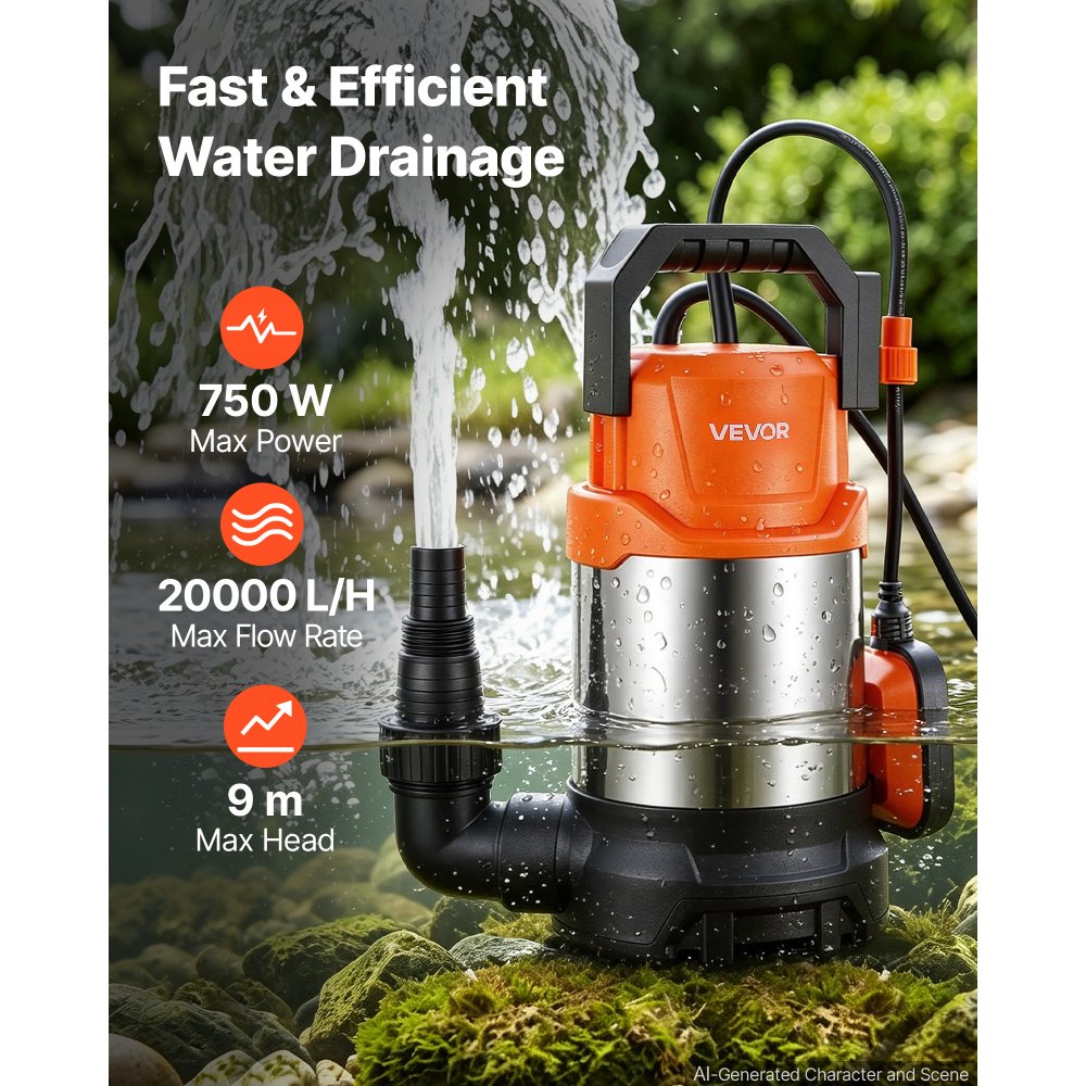 VEVOR Dompelpomp 750 W 20.000 l/u 9 m opvoerhoogte. Ideaal voor zwembaden, kelders en vijvers. Automatische vlotterschakelaar, thermoplastisch materiaal en 3 m stroomkabel. Waterdicht tot IPX8.
