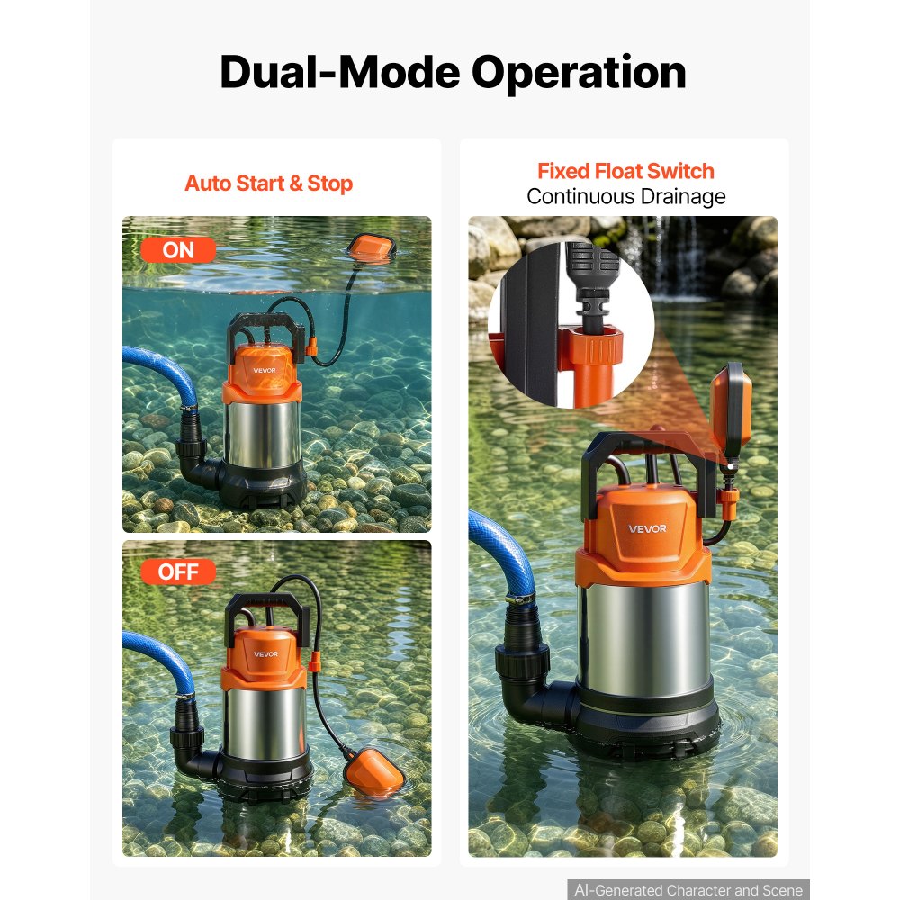 VEVOR Dompelpomp 750 W 20.000 l/u 9 m opvoerhoogte. Ideaal voor zwembaden, kelders en vijvers. Automatische vlotterschakelaar, thermoplastisch materiaal en 3 m stroomkabel. Waterdicht tot IPX8.